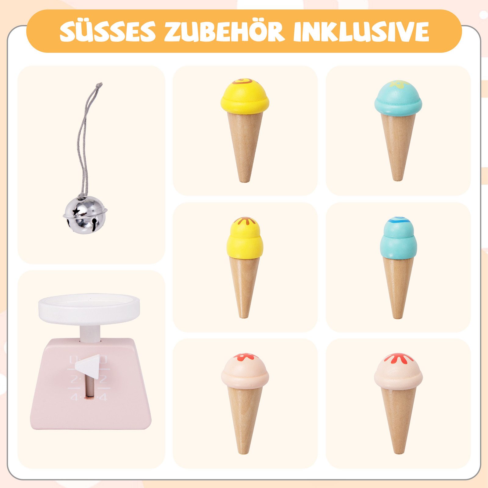 KOMFOTTEU Kaufladen Eiswagen, mit 6 Eiscreme, Einkaufswagen für Kleinkinder mit Tafel