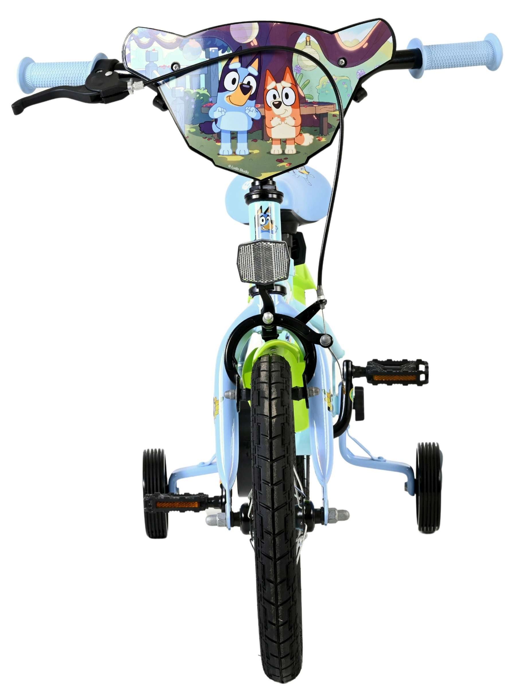 Volare Kinderfahrrad Bluey 14 Zoll Hellblau mit Stützrädern, Handbremse & Rücktrittbremse, Neongrüne Schutzbleche, geschlossener Kettenkasten, Stahlfelgen