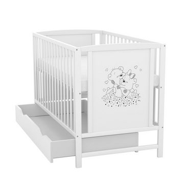 Baby-Delux Babybett Mia Bettkasten Schutzgitter, Kinderbett 60x120 weiß Schublade Barriere Kiefer Teddy Motiv Matratze