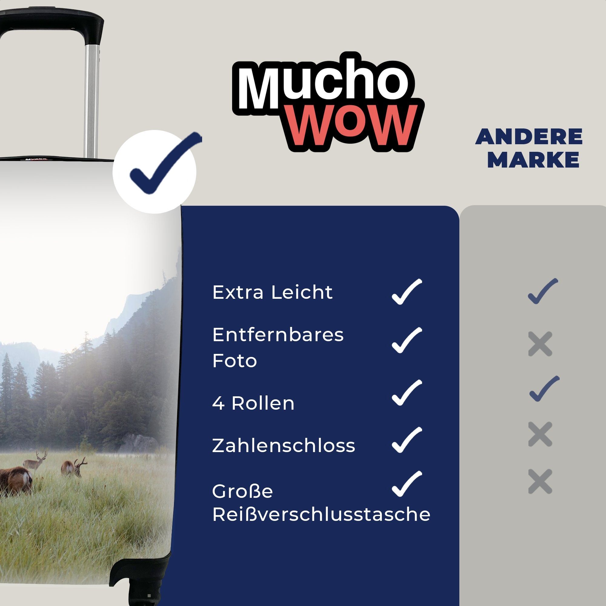 MuchoWow Reisekoffer Hirsche - Handgepäck Handgepäckkoffer Ferien, rollen, Wald Rollen, Nebel, - 4 Reisetasche Trolley, für mit