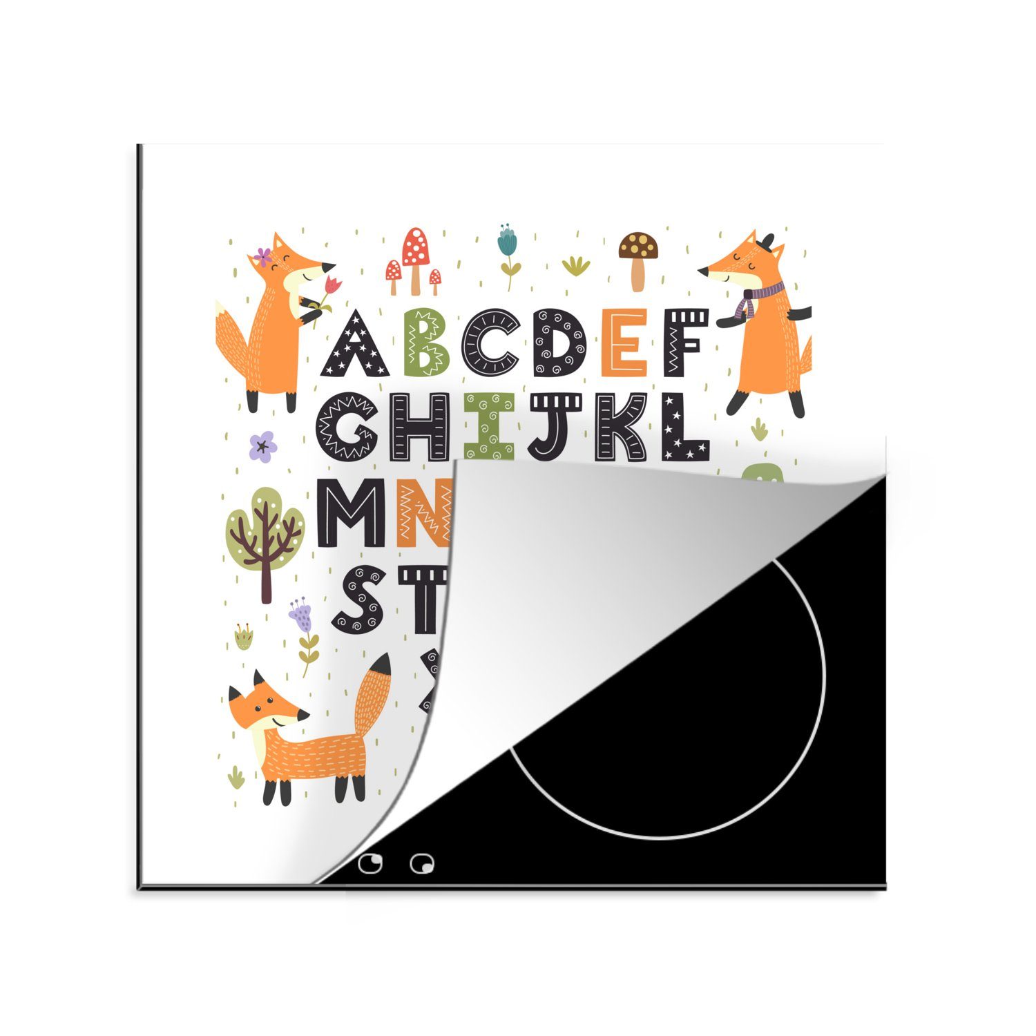 MuchoWow Herdblende-/Abdeckplatte Illustration Alphabet mit glücklichen Füchsen, Vinyl, (1 tlg), 78x78 cm, Ceranfeldabdeckung, Arbeitsplatte für küche