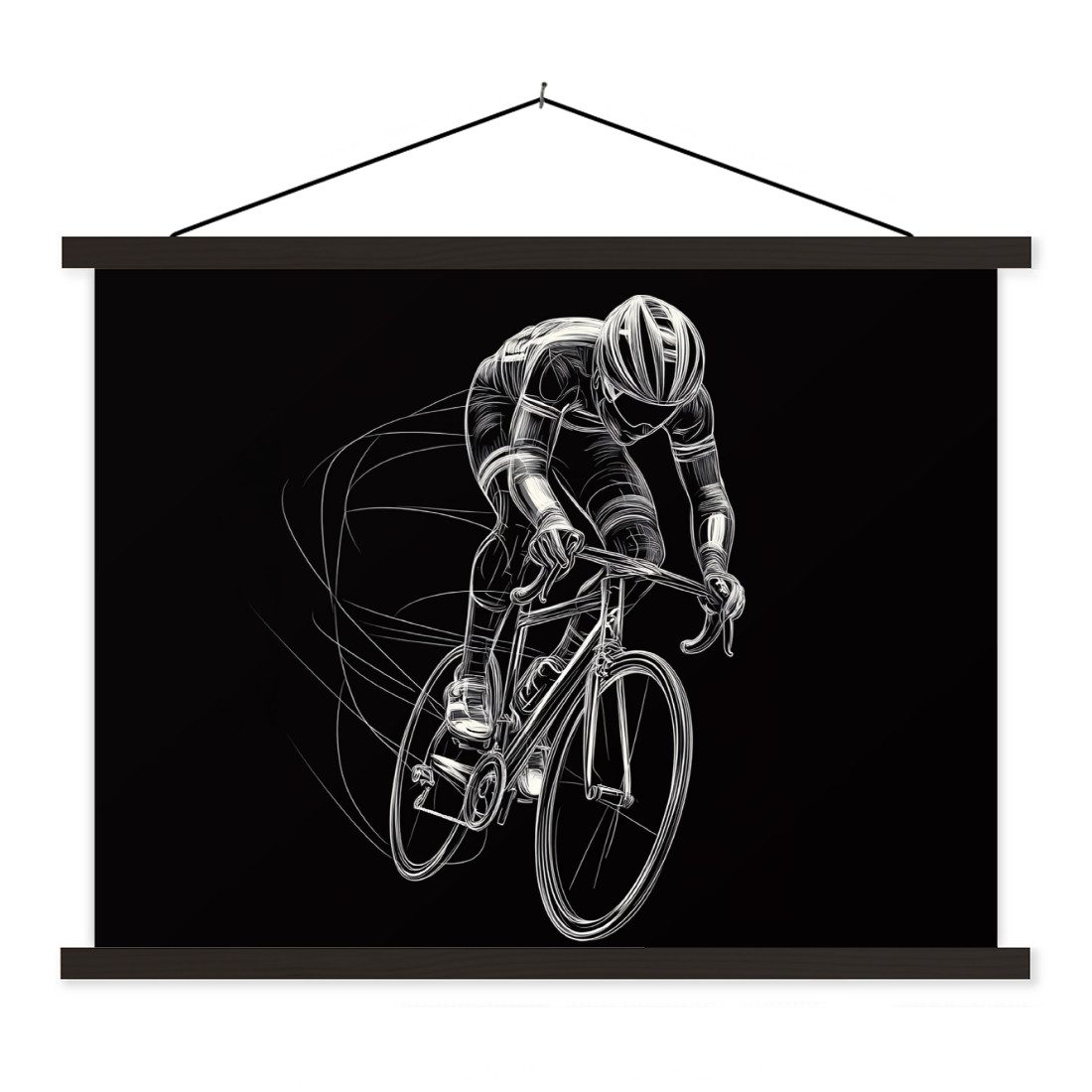 MuchoWow Poster Strichzeichnung - Weiß - Radfahren - Geschwindigkeit, (1 St), Bilderhalter, Bilderrahmen, Magnet Rahmen, Holz, 150x113 cm
