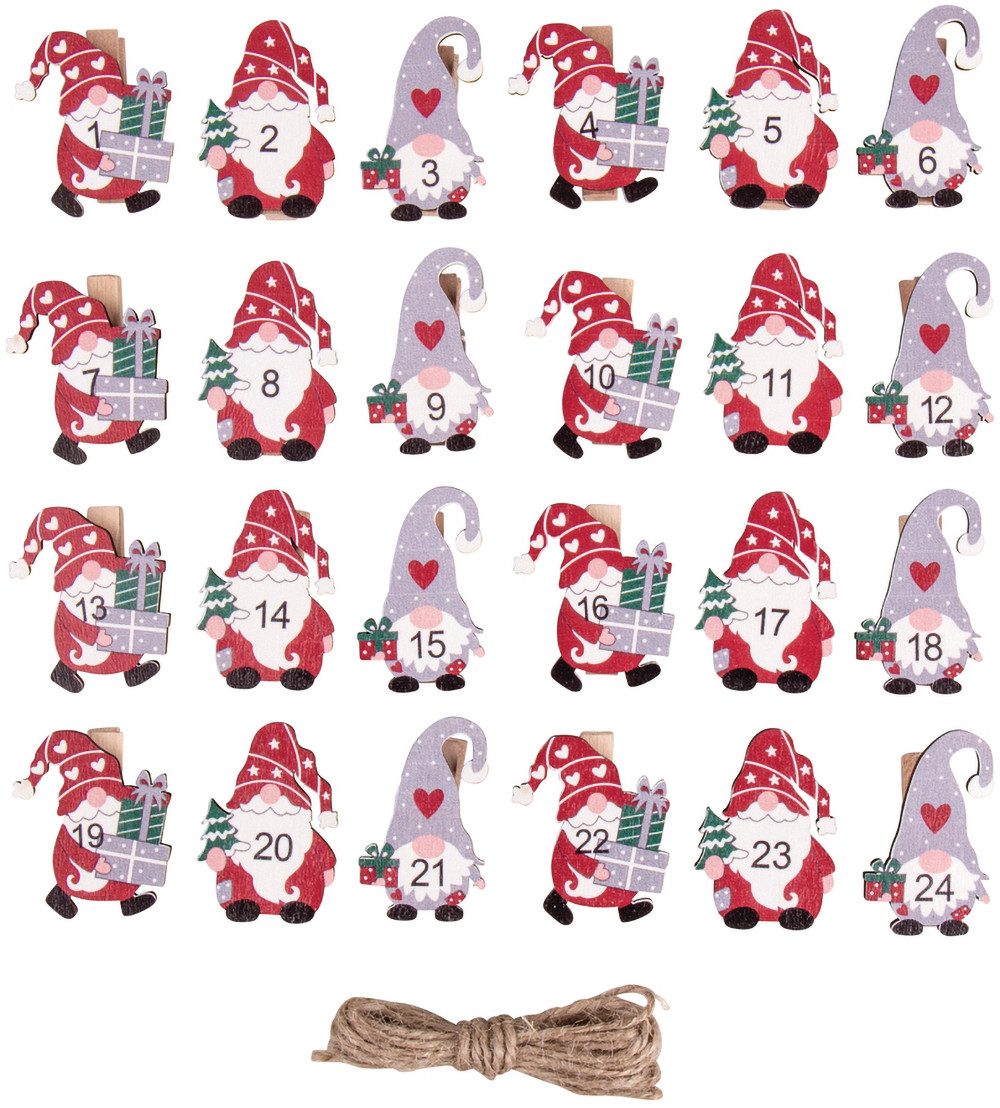 Rayher Adventskalender Adventszahlen Weihnachtswichtel Santa auf Holzklammer, 25 Stück