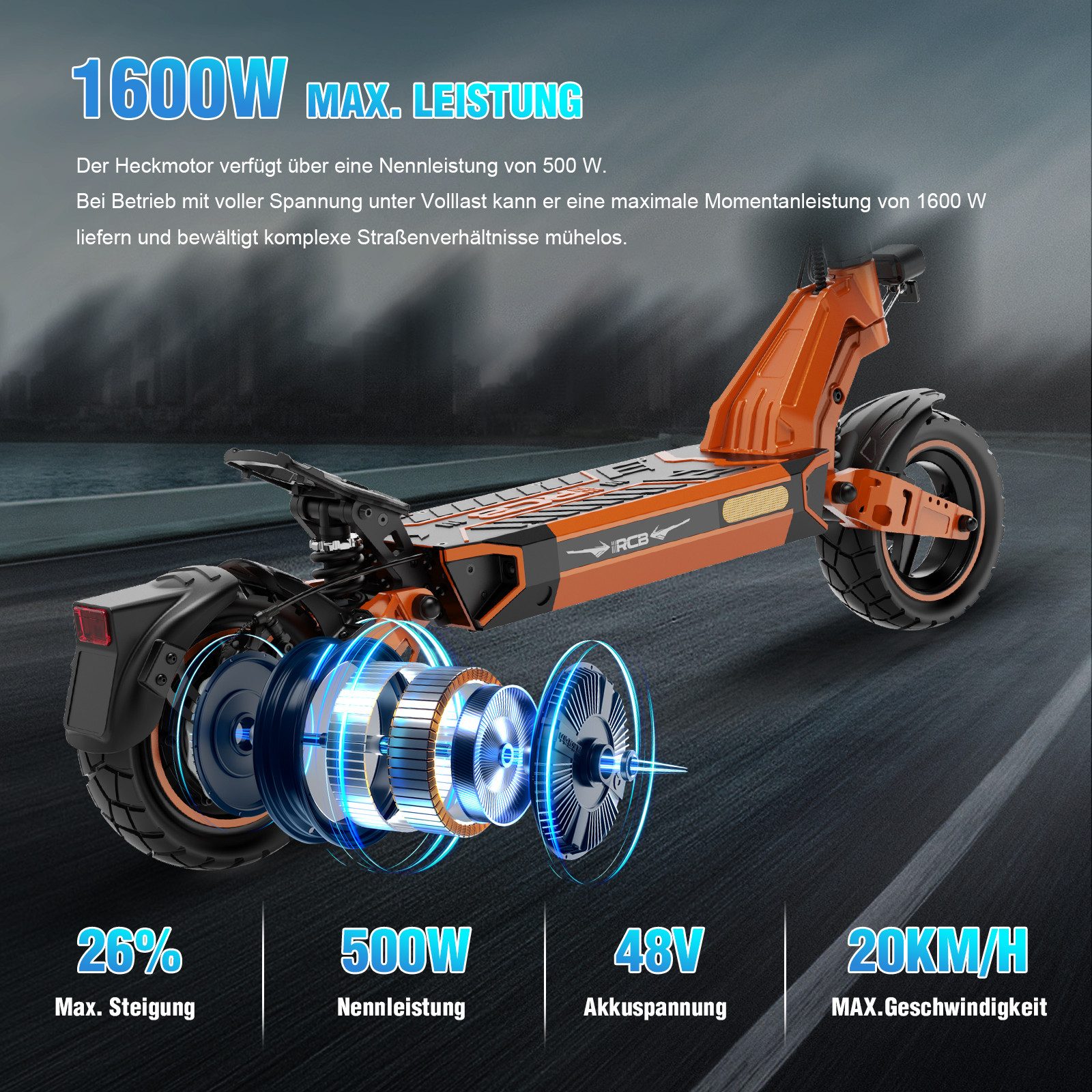 RCB TECH E-Scooter D7/D7 PRO ABE (Ultra), NFC/Blinker/APP, 90-120KM Reichweite, 500,00 W, 20 km/h, Maximale Leistung: 1600 W, 26% Steigung