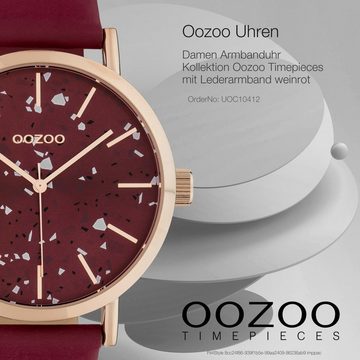 OOZOO Quarzuhr Oozoo Damen Armbanduhr weinrot Analog, Damenuhr rund, groß (ca. 42mm), Lederarmband weinrot, Fashion