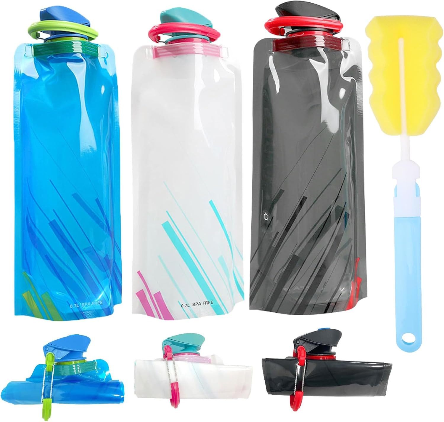 FELIXLEO Trinkflasche Faltbare Trinkflasche 3 Stueck 700ml Wasserflasche mit Buerste