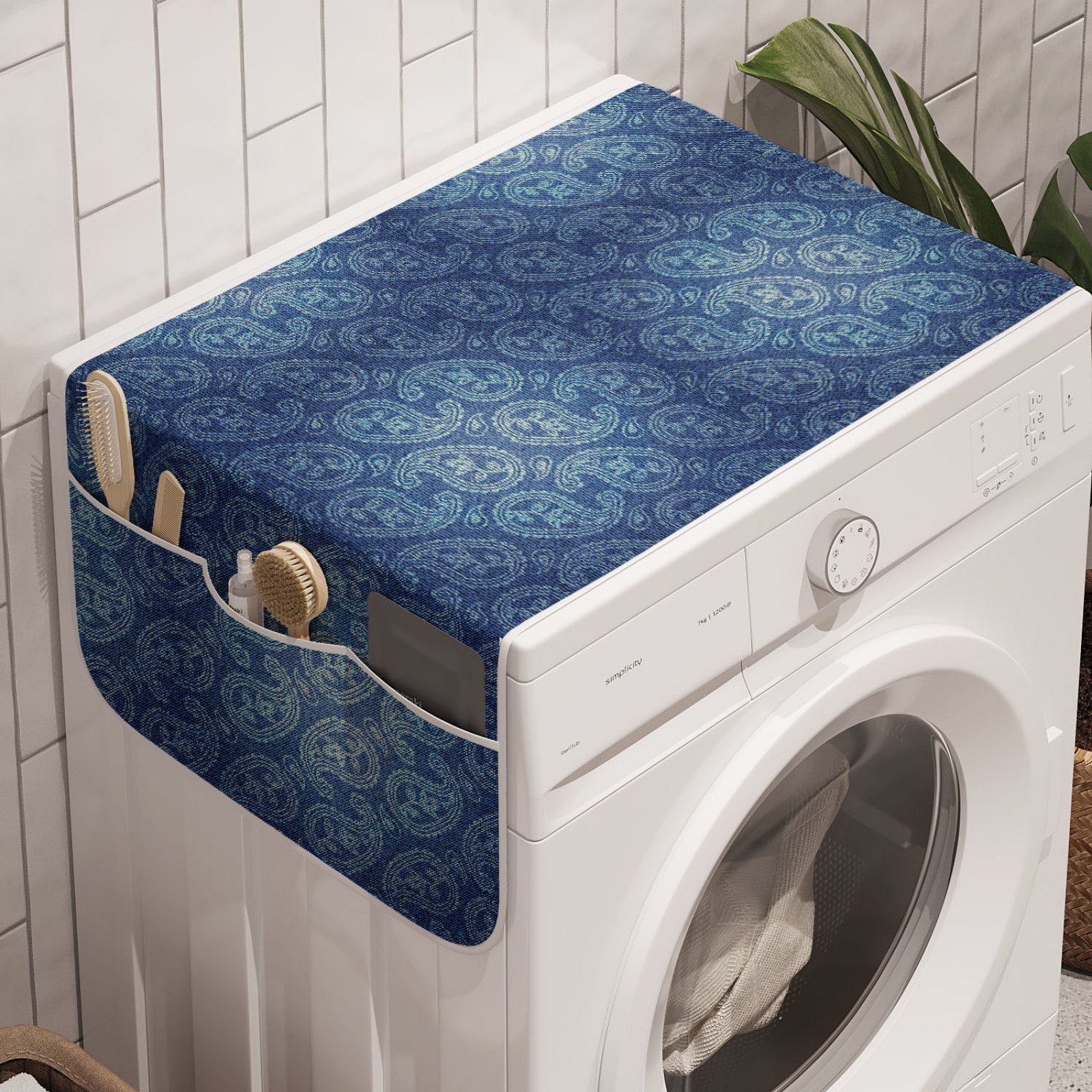 Abakuhaus Badorganizer Anti-Rutsch-Stoffabdeckung für Waschmaschine und Trockner, blau Paisley Kurvige Buta Motive Kunst