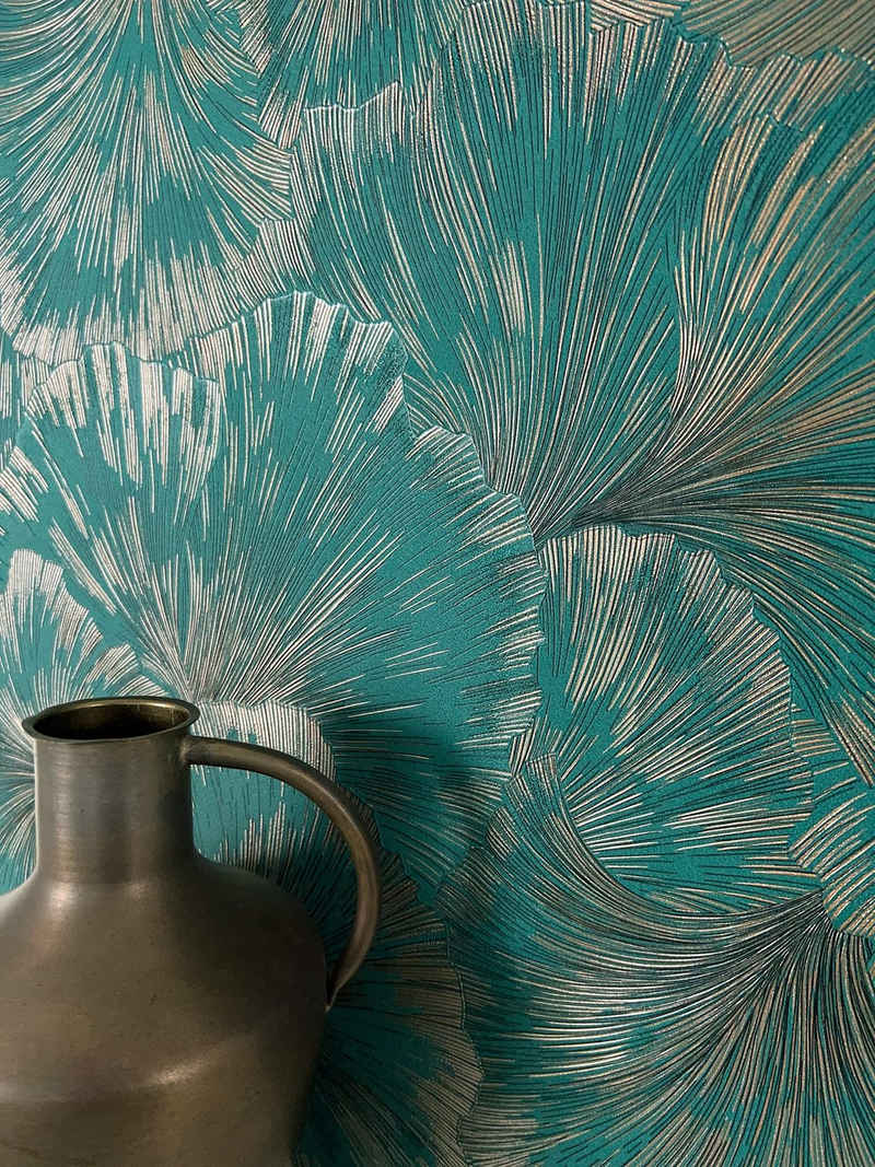 Newroom Vliestapete, Grün Tapete Modern Dschungel - Mustertapete Palmenblätter Petrol Kupfer Tropisch Floral Palmen Blätter für Wohnzimmer Schlafzimmer Küche