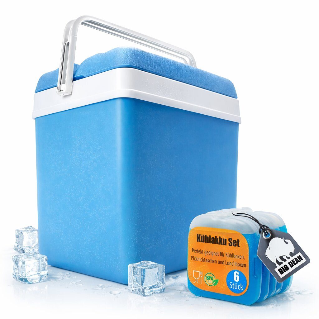 BigDean Kühlbox 24 Liter Set inkl. 6 Kühlakkus, blau/weiß, ohne Strom., 24 l, Camping, Picknick, Reisen, Festivals und Garten