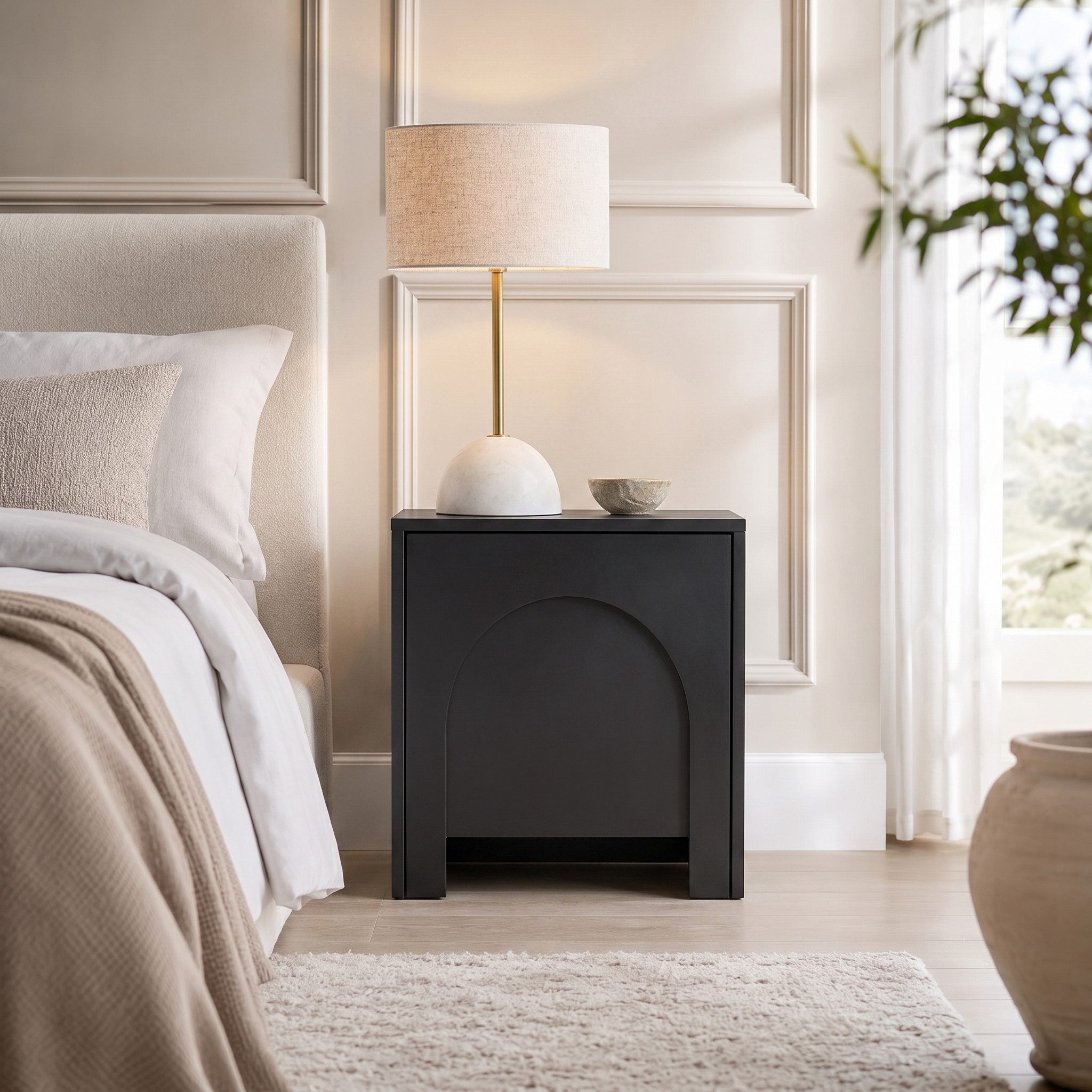 Prima-Online Nachttisch Nachttisch VENTO Schwarz matt Breite: 54 cm / Höhe: 51cm / Tiefe:35cm (Griffloser Nachttisch), Push-to-Open Tür und moderner Bogenfront