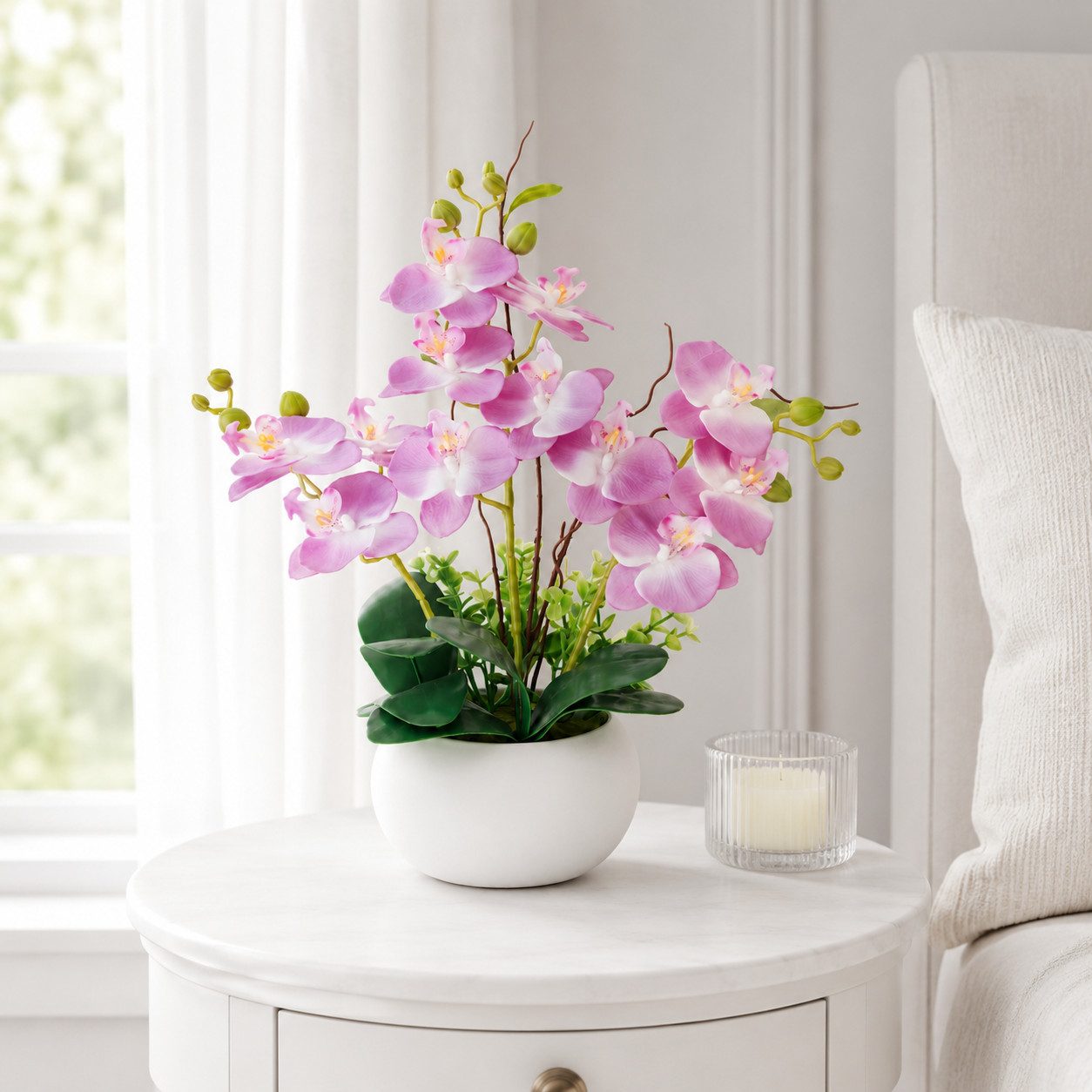 Kunstpflanze Künstliche Orchideen im Topf - Weiße Phalaenopsis Kunstblumen- 36cm orchideen, SURFOU, Dekorative Phalaenopsis mit Seidenblüten & Keramiktopf, Zimmerpflanzen