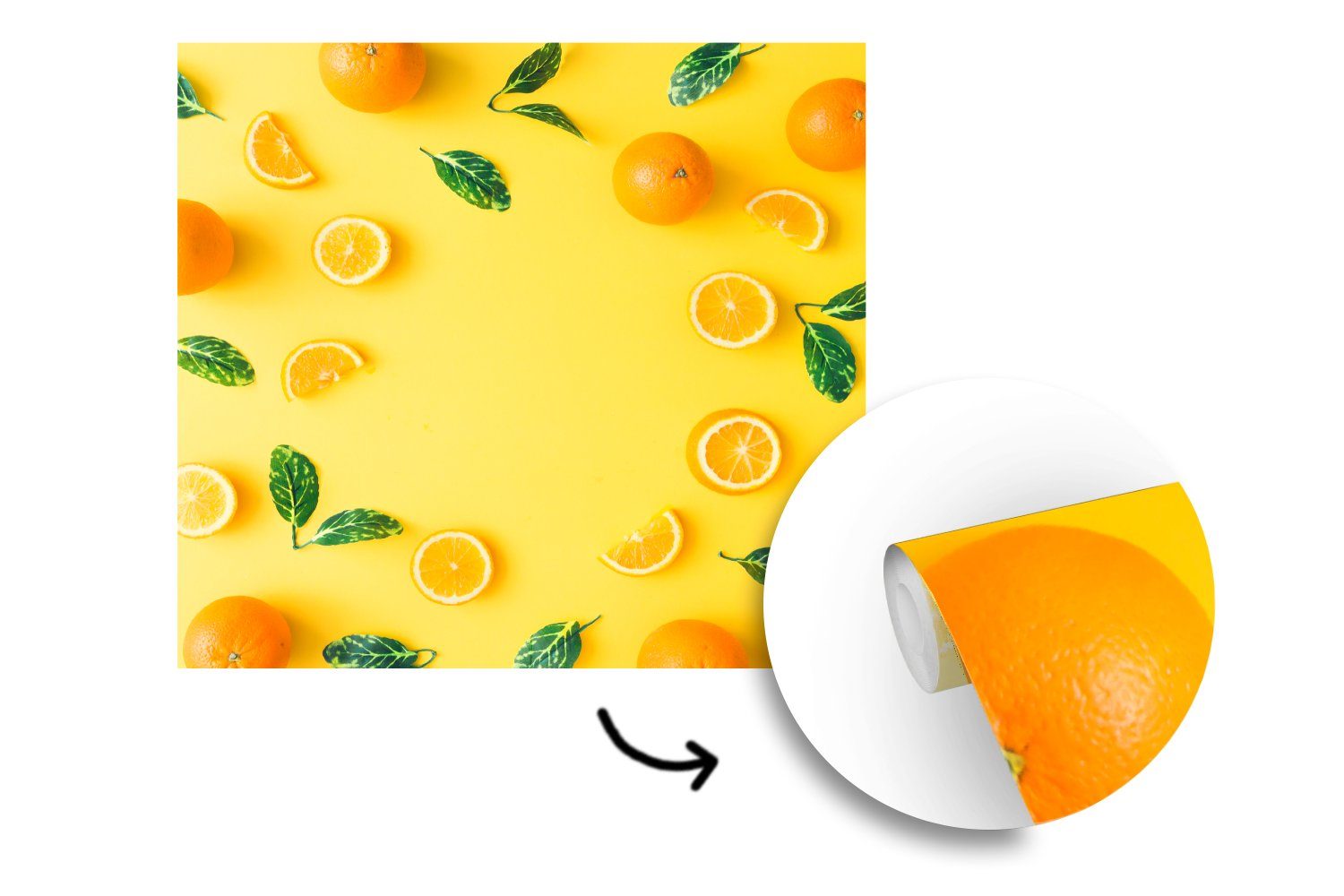 MuchoWow St), Obst Tapete oder Gelb, Wohnzimmer für Fototapete Orange Matt, Vinyl - bedruckt, Schlafzimmer, - (5 Wandtapete