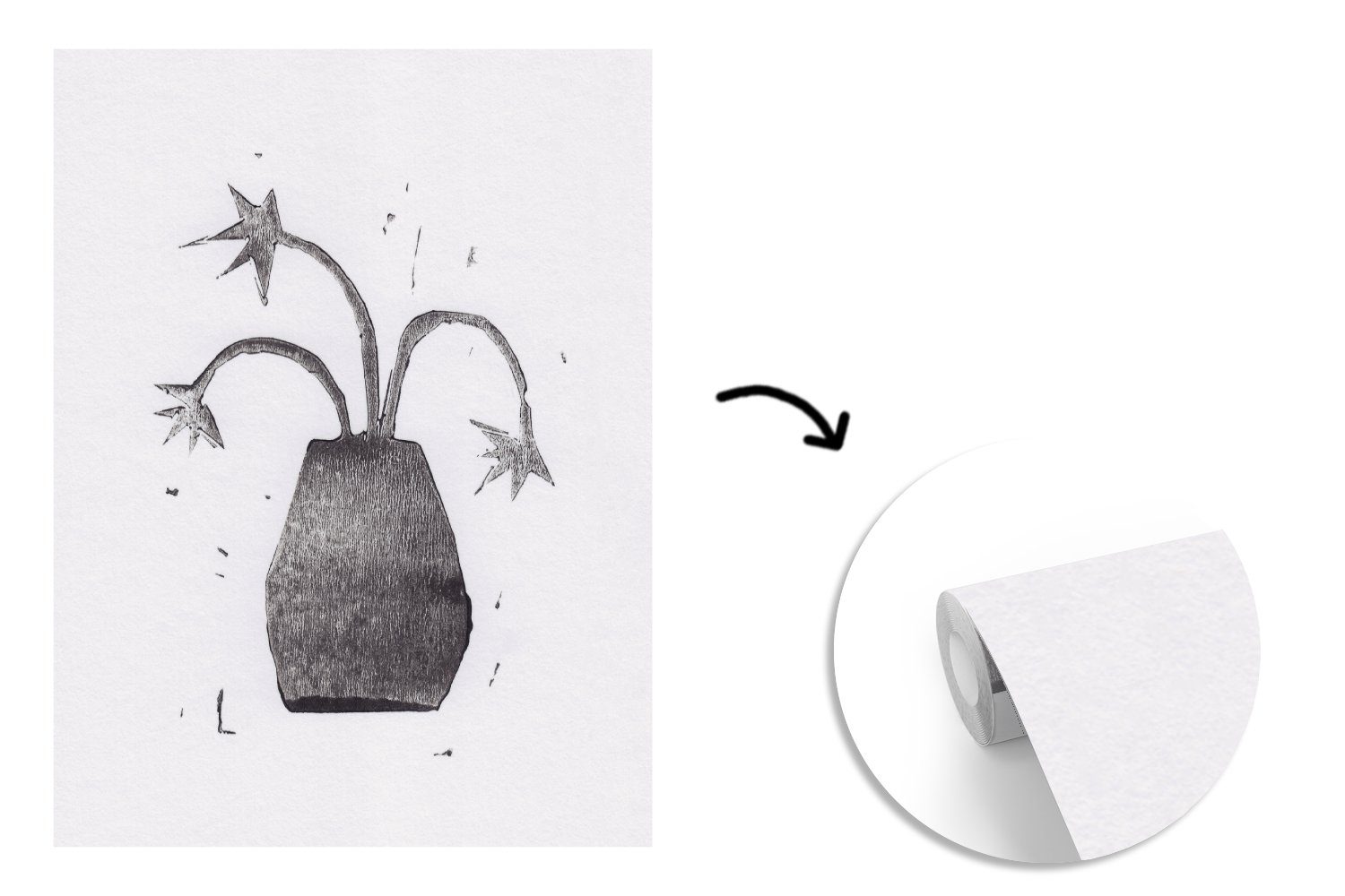 St), Vinyl - Vase Wohnzimmer, Wandtapete Blume, für Fototapete Tapete Matt, Montagefertig Schwarz - Weiß bedruckt, MuchoWow - Pflanze (4 -