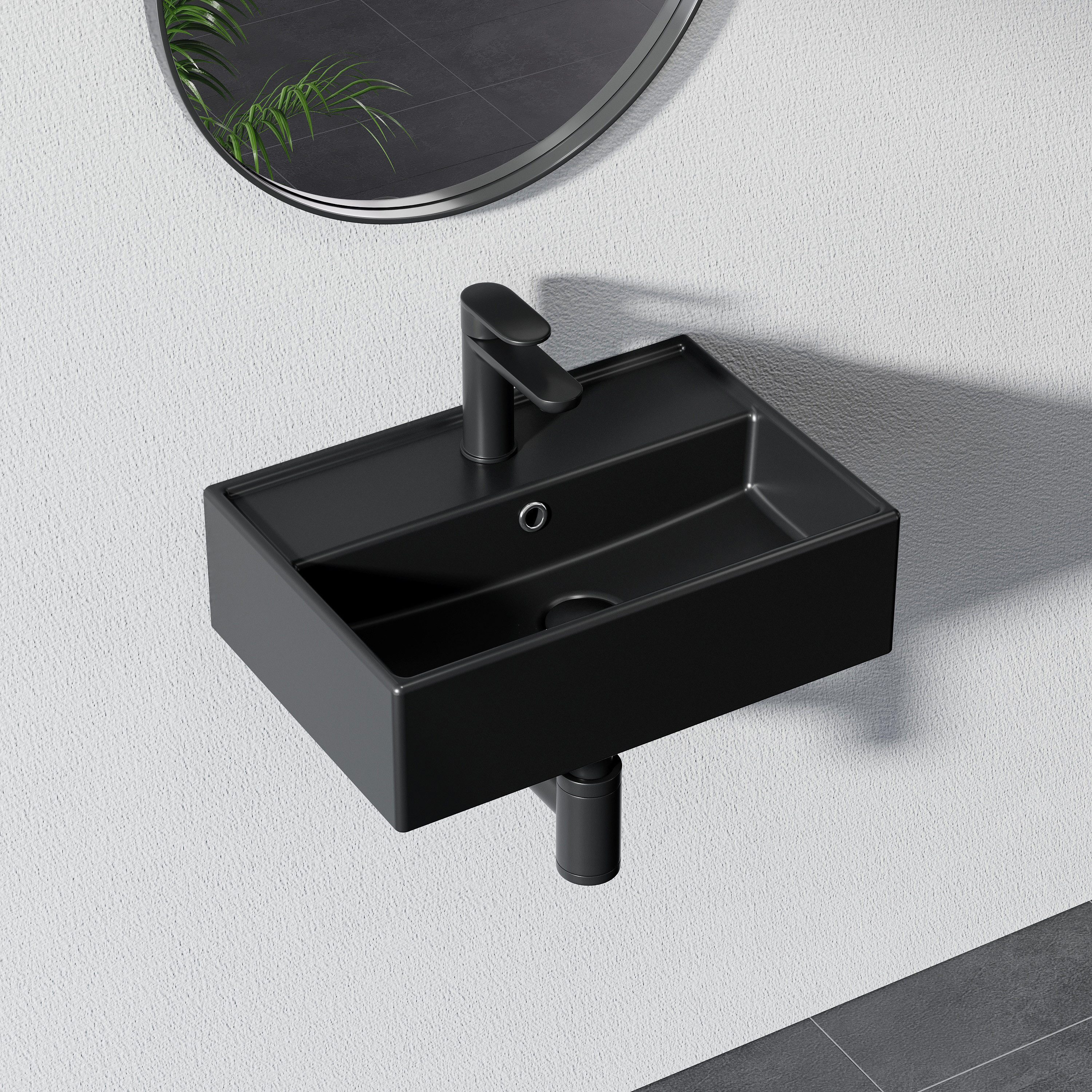HOROW Waschbecken Keramik Aufsatzwaschbecken Hängewaschbecken 50cm 60cm 75cm (Badezimmer Waschtisch, mit Hahnloch und Überlauf - Weiß/Schwarz) – Bild 4 von 5