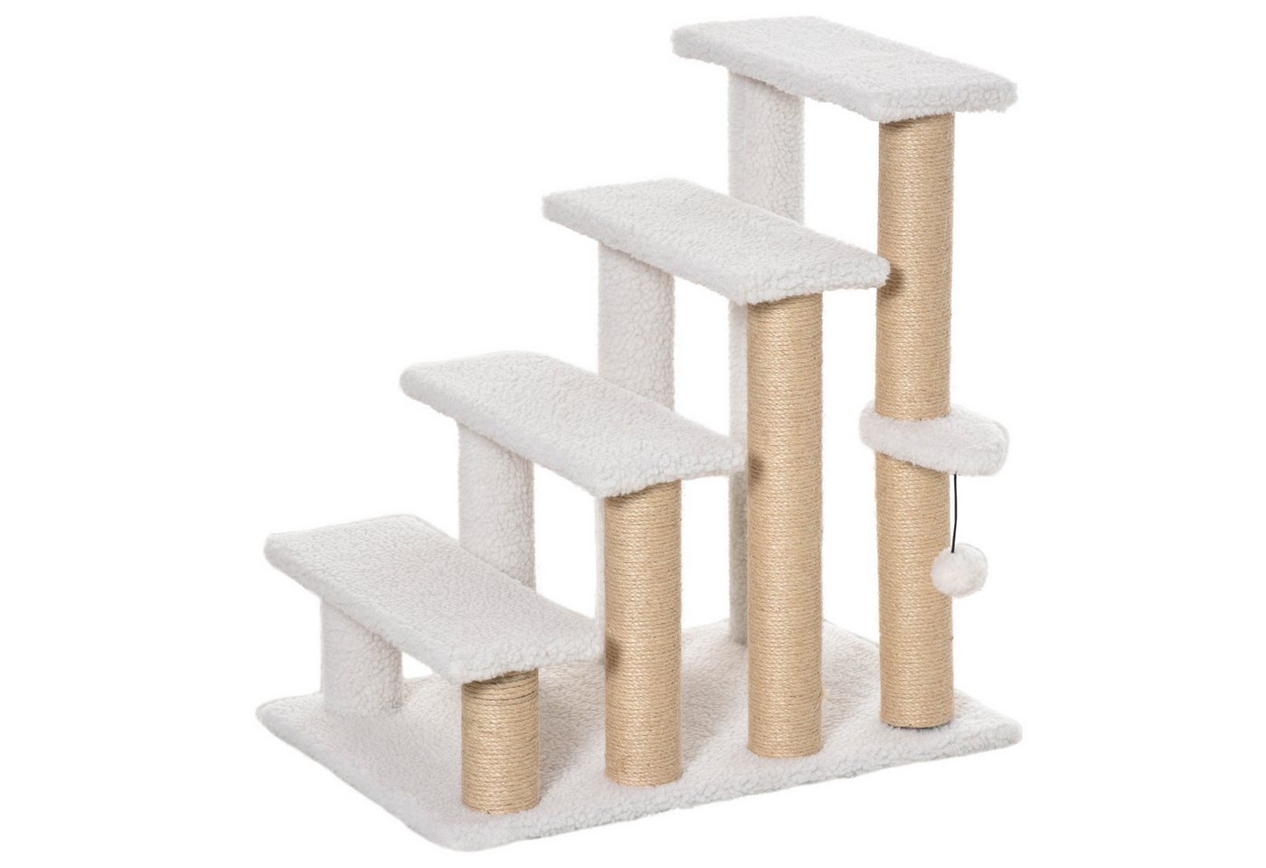 MC Star Haustiertreppe mit Kratzbaum 4-stufige Katzentreppe & Hundetreppe aus Spanplatte (Plüsch & Jute, Weiß, 60x40x64cm für Katzen & Hunde)