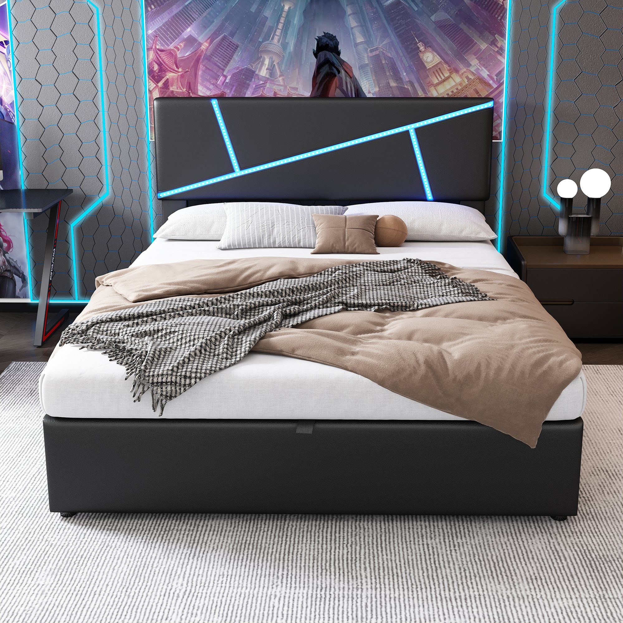 Flieks Polsterbett, LED Beleuchtung hydraulisches Stauraumbett 140x200cm Ku günstig online kaufen