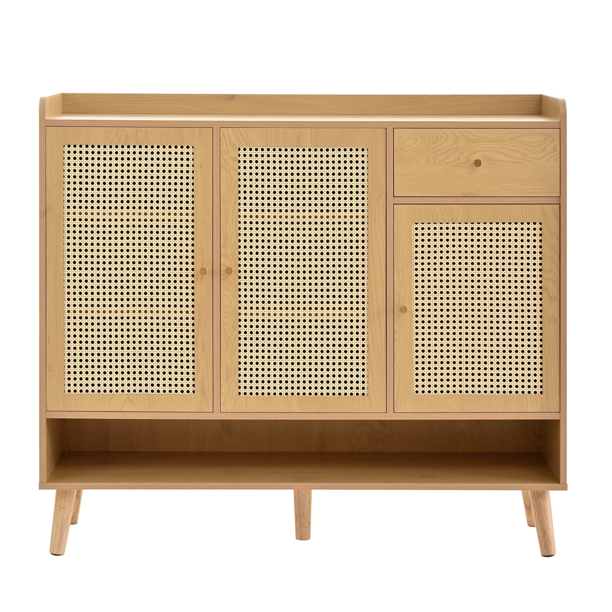Merax Schuhschrank Rattan Schuhkommode (1-St., Schuhablage mit Holzgriffen) mit 3 Türen, 1 Schublade, Offenes Schuhregal, Massivholzbeinen, Natur – Bild 5 von 5