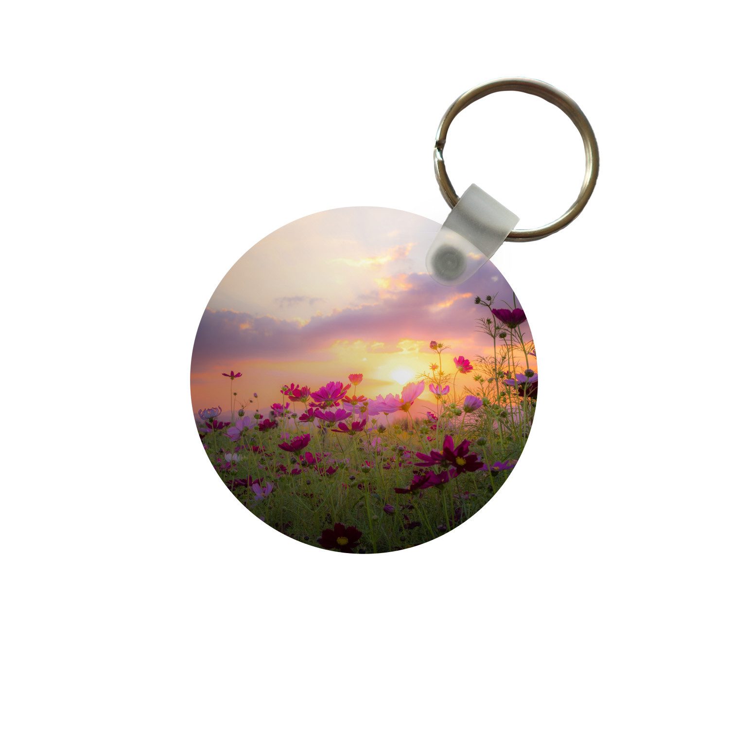 MuchoWow Schlüsselanhänger Blumen - Rosa - Sonnenuntergang - Natur - Wiese - Horizont, Rund, Geschenk für Damen / Herren / Kinder mit Schlüsselring, 5x5 cm