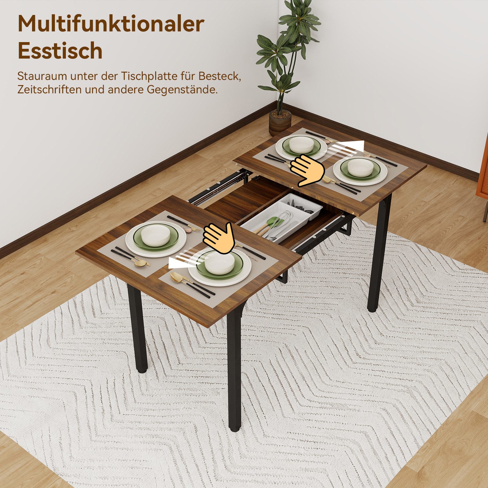 Puluomis Esstisch ausziehbar 110-149 cm mit Stauraum MDF Platte für 4-8 Personen (Esszimmertisch, Küchentisch, verlängerbarer Tisch)