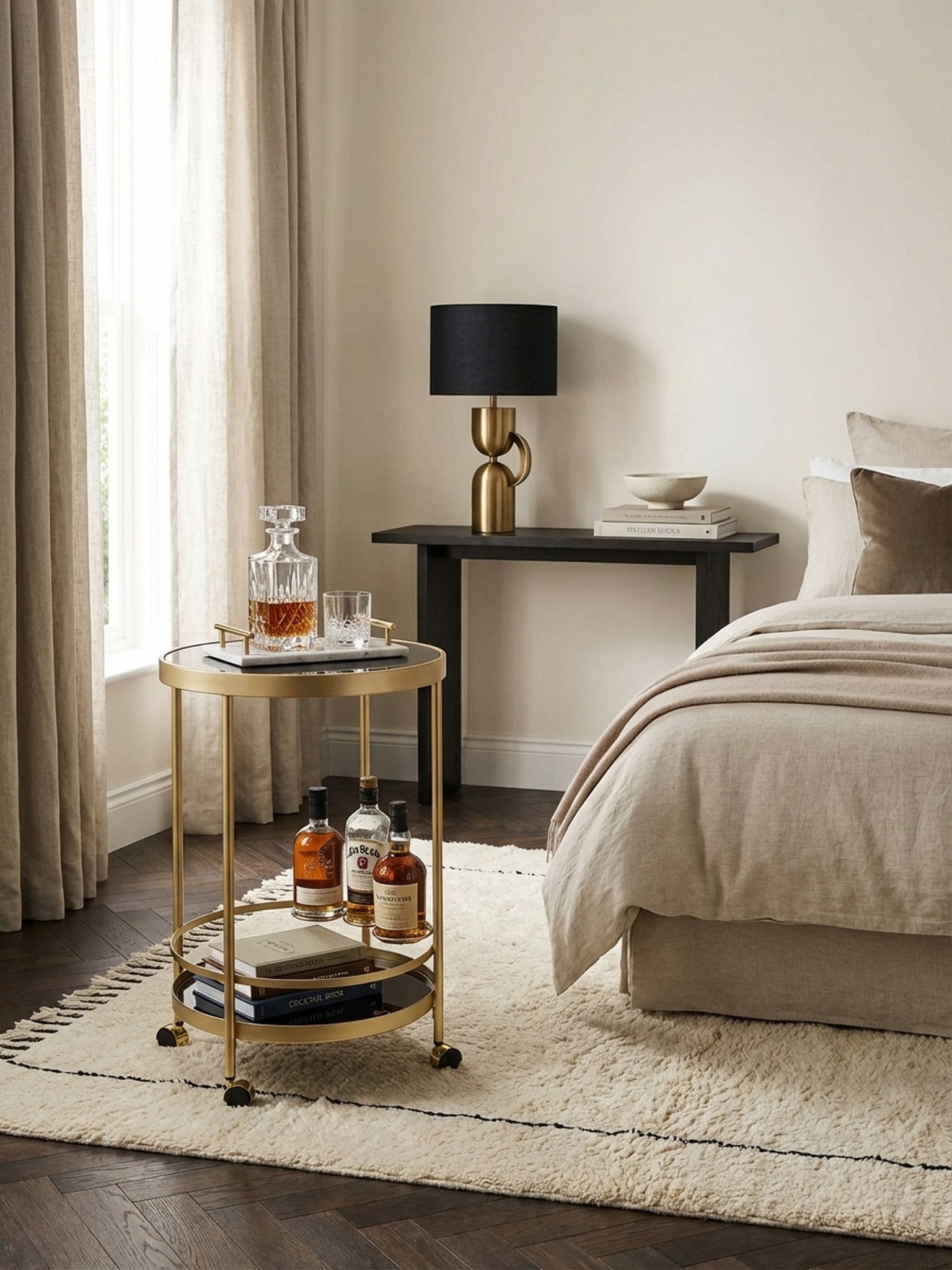 KADIMA DESIGN Servierwagen Design Servierwagen Gold Rund Ø 45cm 2 Ebenen, Beistelltisch auf, Rollen mit Glasplatte Schwarz Speisewagen, Küchenwagen, Teewagen