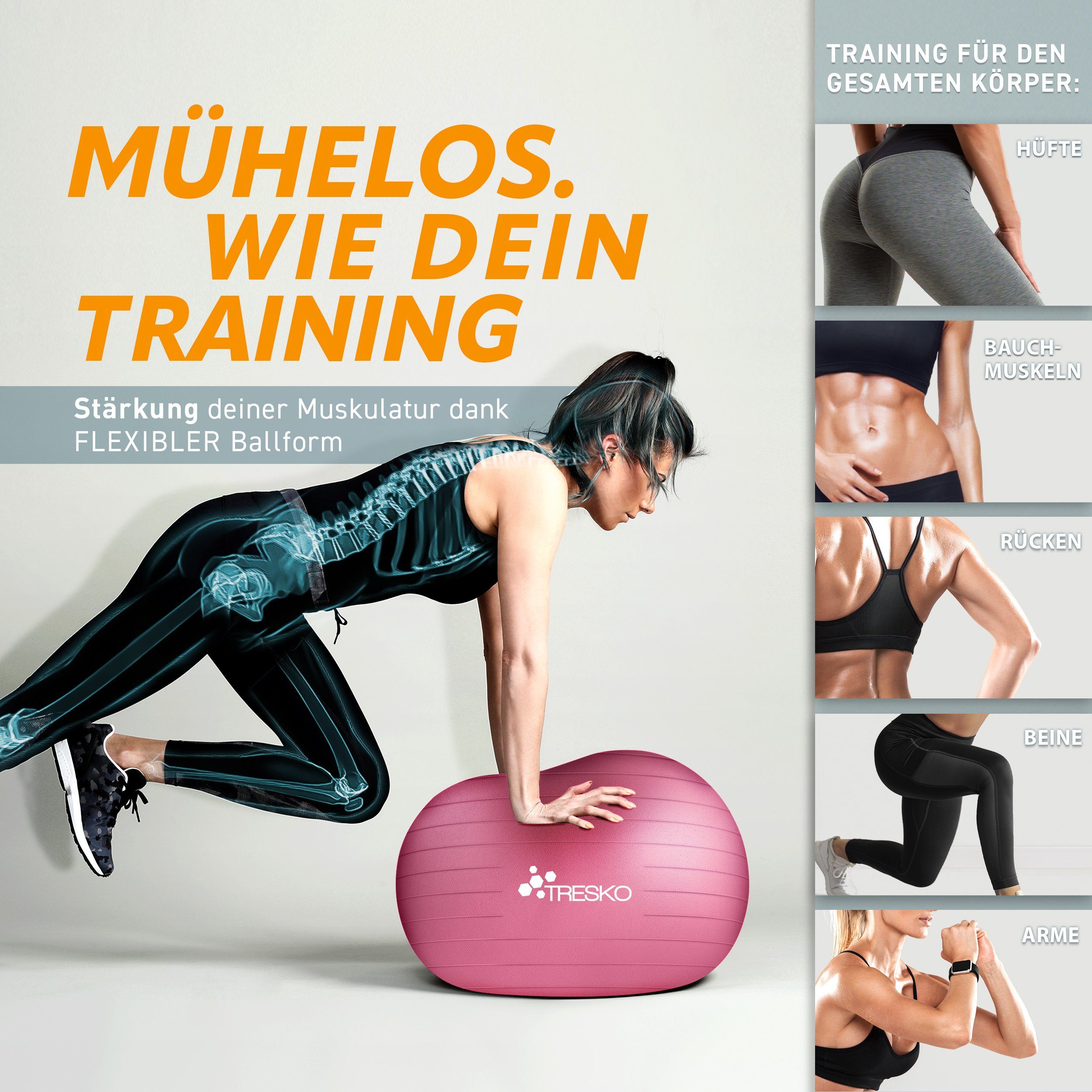 TRESKO Gymnastikball mit GRATIS Übungsposter inkl. Luftpumpe Yogaball, BPA-Frei Sitzball Büro Anti-Burst inkl. Luftpumpe, Fitnessball – Bild 4 von 5