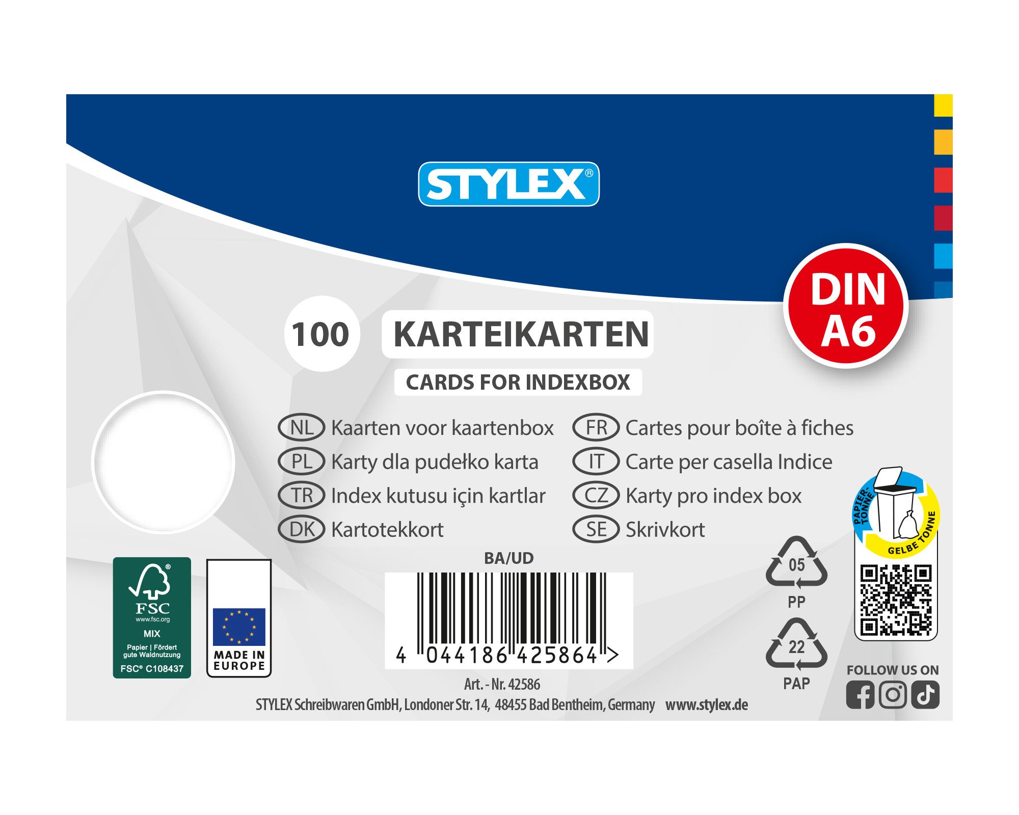 Stylex Schreibwaren Karteikarten 100 Karteikarten / DIN A6 / weiss / blanko
