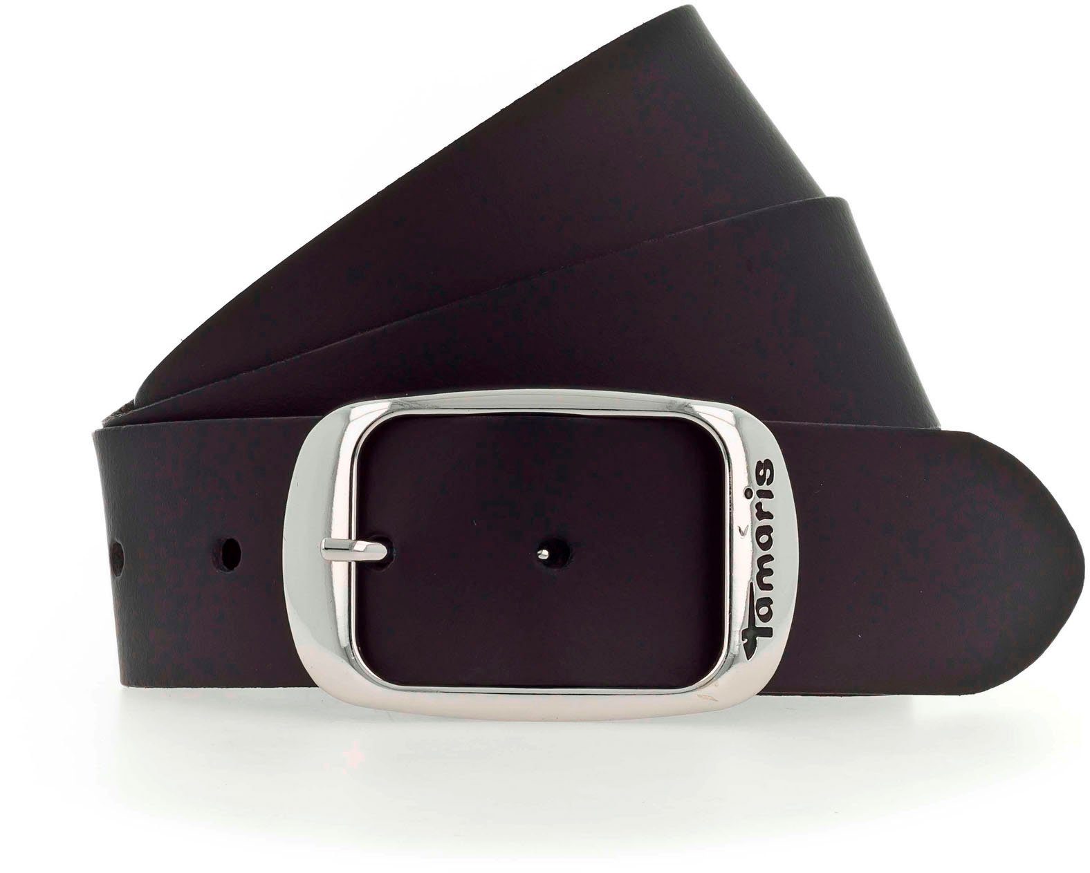 schwarz Ledergürtel mit Schließe und glänzender Logo Tamaris