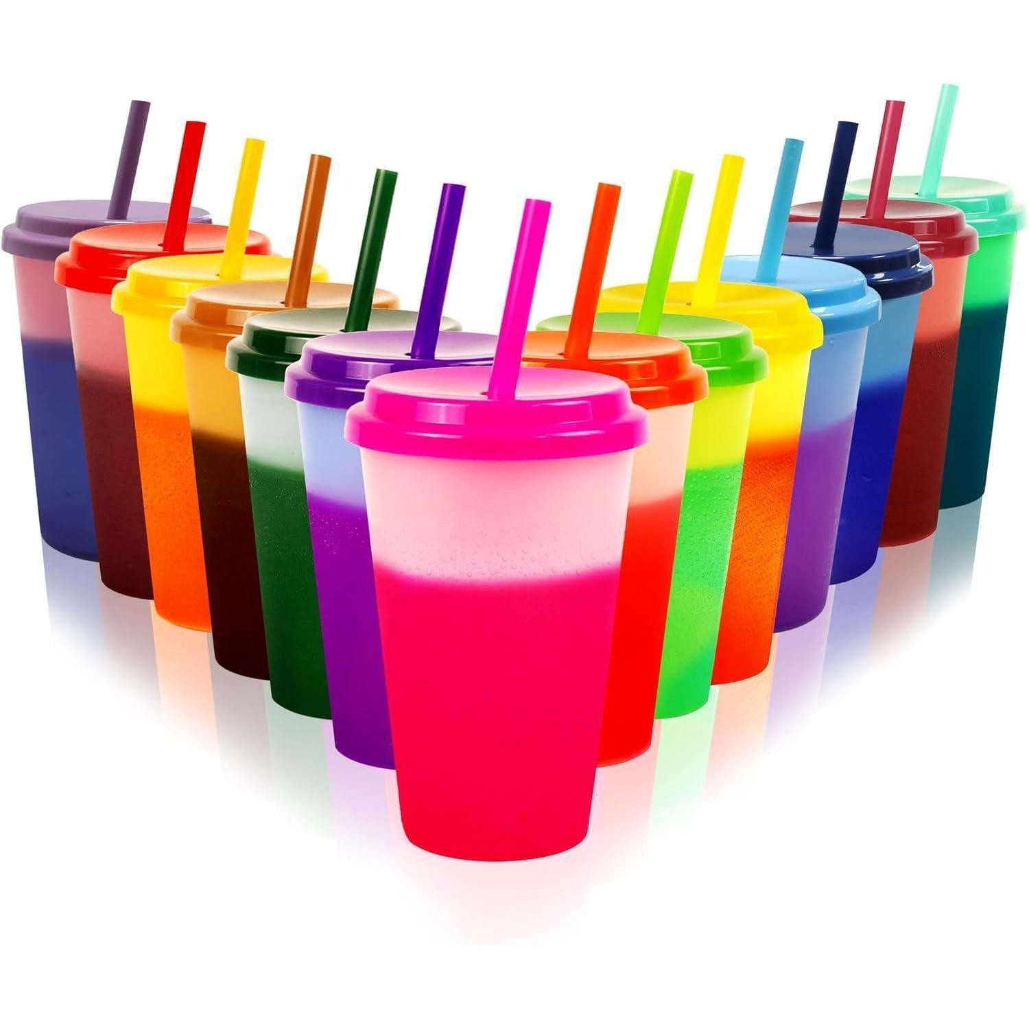 LuxusKollektion Becher Becher Farbwechsel Strohhalm Deckel 350ml Mehrweg 14 Stück, Kunststoff