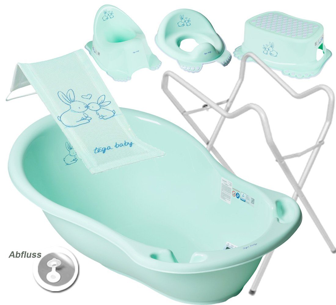 Tega-Baby Babybadewanne 5 TEILE SET H - BUNNIES Minze - Gestell Weiss- Babybadeset Abfluss, (Made in Europe Premium Set), ** Babywanne+ Badesitz + Topf + WC Aufsatz+Hocker + Gestell **