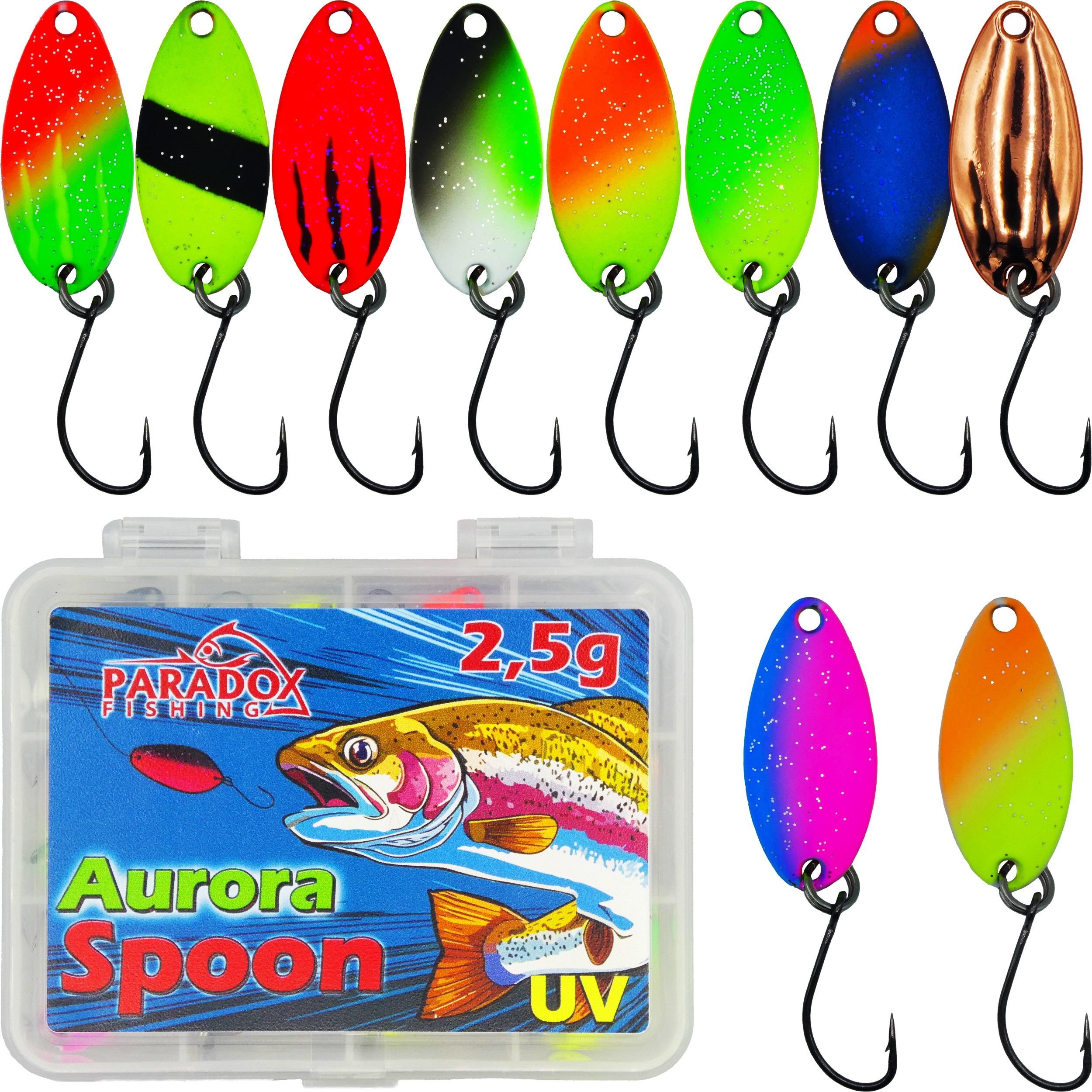Paradox Fishing Kunstköder Forellen Spoon Sets 2,0g/2,5g/3,0g 10 Stück mit Box, (Forellenköder, Forellenköder), UV-AKTIV, inkl. Snaps