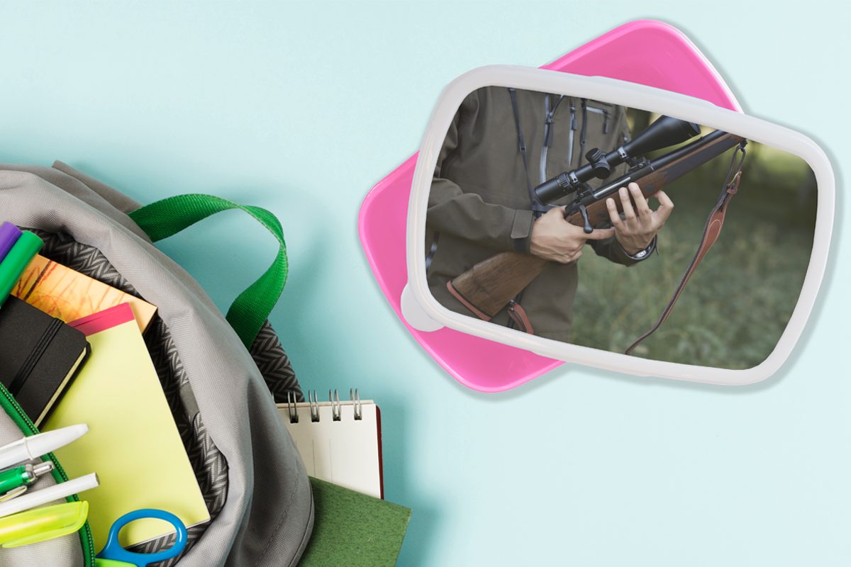Mann Kinder, Erwachsene, sein für die Kunststoff Mädchen, und Jagd Brotbox Brotdose rosa Gewehr, auf lädt Ein geht Lunchbox Kunststoff, (2-tlg), Snackbox, MuchoWow