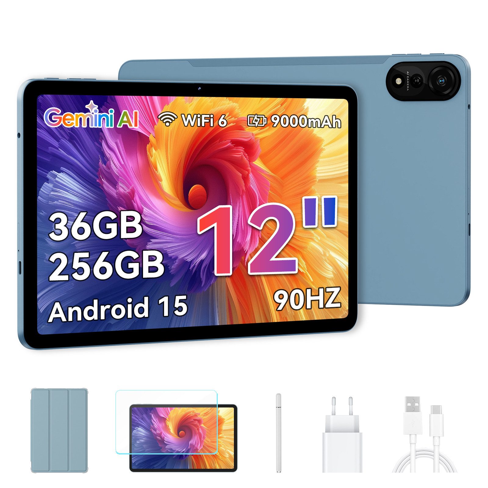 blackview 2026 12'' Tablet, 2K, Android 15 incl. Stift, Schutzhülle Tablet (12", 256 GB, 15, 2K, Android 15, 9000mAh, 256GB, AI, Full HD)