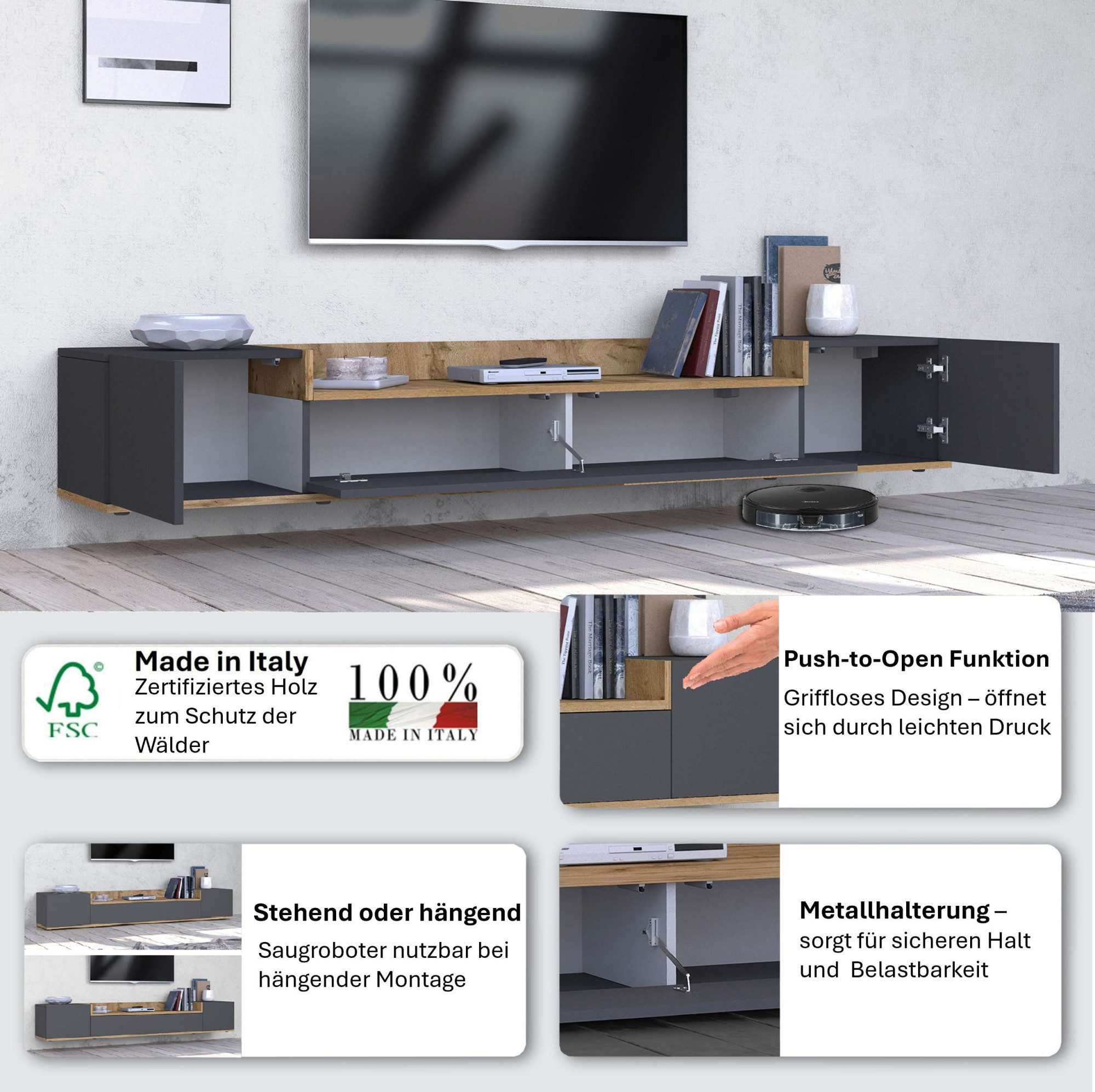 OTTO home Lowboard BOLSENA,TV-Kommode, TV-Möbel,TV-Bank, 4 Fächer und offenes Ablagefach (1 St), stehend/hängend montierbar, Made in Italy, B/T/H: 200 × 35 × 31,2 cm