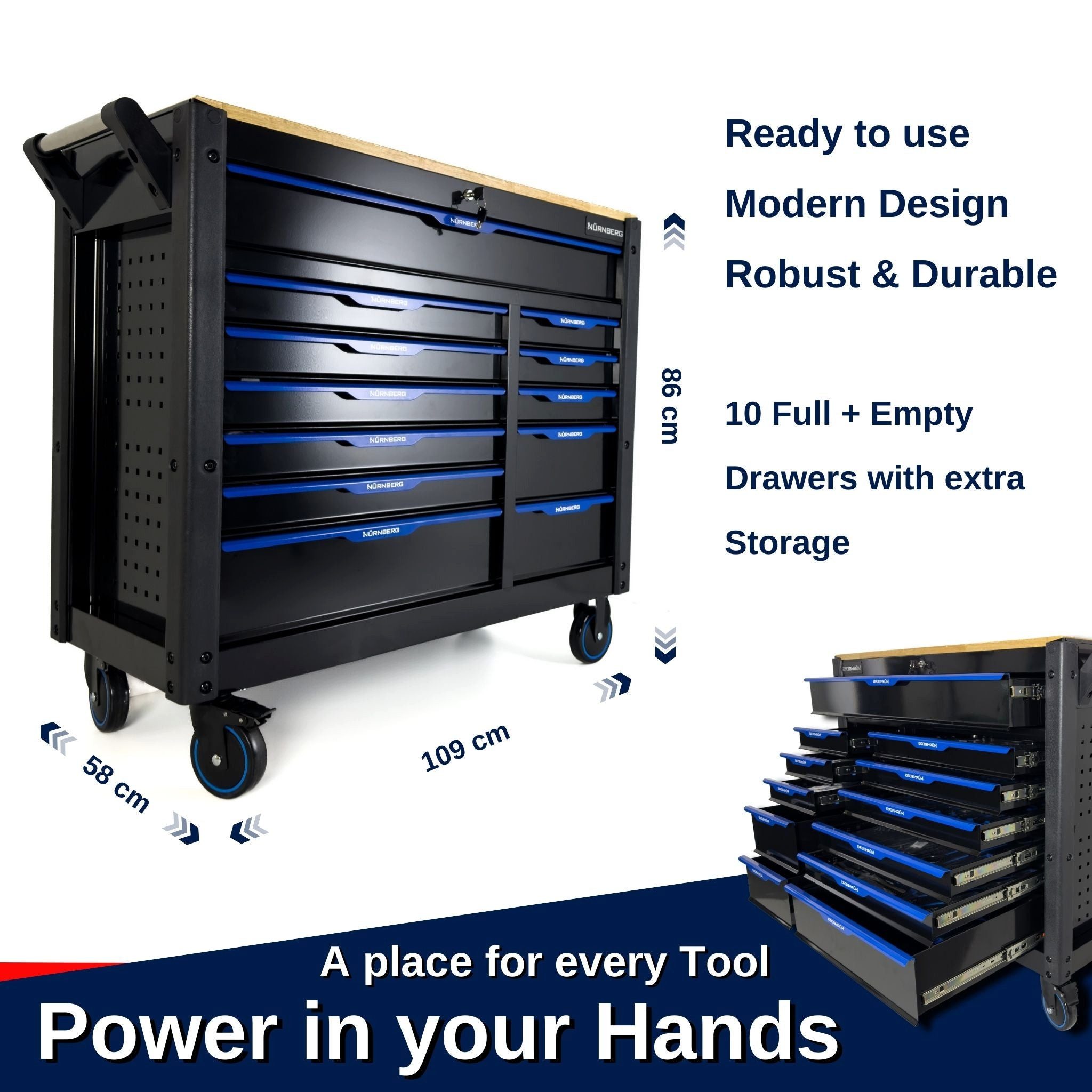 Toolcar Werkzeugwagen Werkstattwagen XXL, befüllt bestückt gefüllt mit Werkzeug, Holzplatte, abschließbar, kugelgelagerte Rollen, Chrom-Vanadium-Stahl, stabil, max. Traglast:35 kg, 457-tlg. Werkzeugset, (Umfangreich bestückt: Steck/Ratschen, Torx, Schraubendreher, Zangen, 457-tlg., Profi-Setup: Ratschen 1/4–1/2", lange Nüsse,T-Griffe, Schraubendreher), Extra-Stauraum seitlich, obere Schublade, ergonomischer Griff