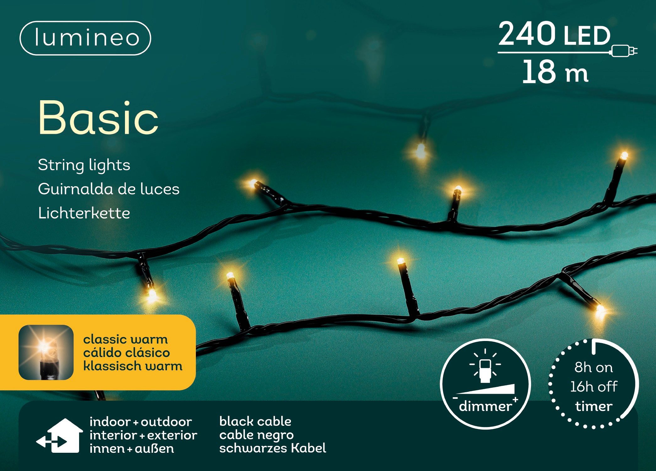 Lumineo LED-Lichterkette Lumineo Lichterkette BASIC 240 LED 18m klassisch warm, schwarzes Kabel, Indoor/Outdoor, dimmbar, 8h-Timer, + 5 m Zuleitung