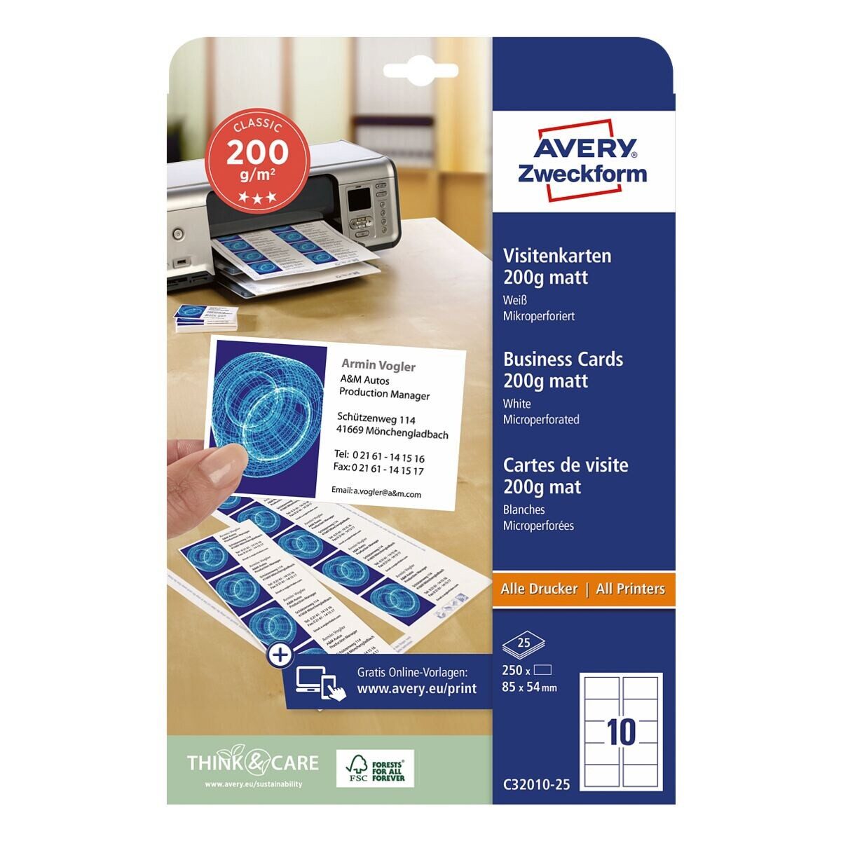 Avery Zweckform Visitenkarten, 25 Blatt = 250 Karten, blanko, weiß-matt