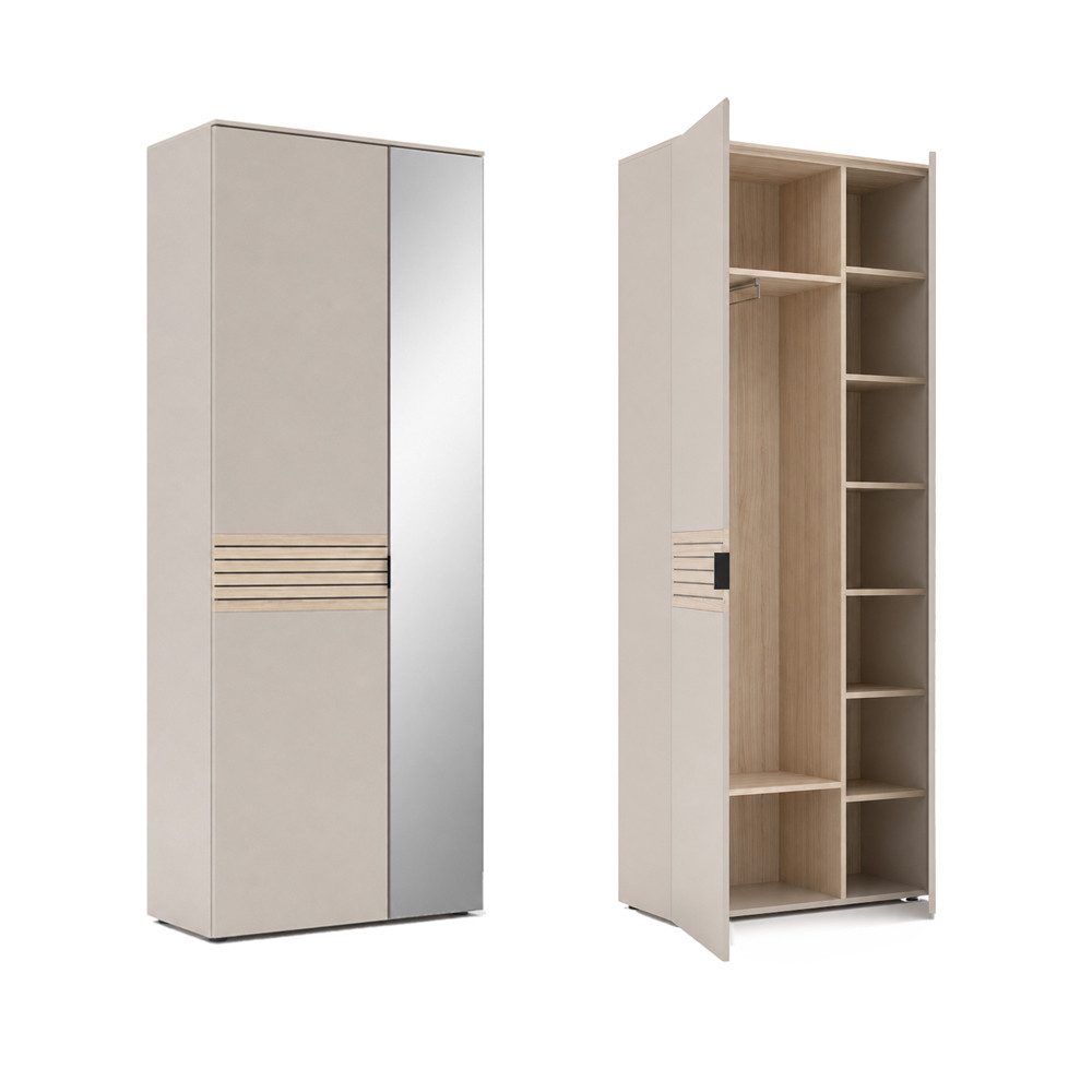 Lomadox Garderoben-Set ISCHIA-36, (Spar-Set, 4-St., Schrank Garderobenpaneel Schuhbank Schuhkommode), in Beige mit Eiche, Lamellenoptik
