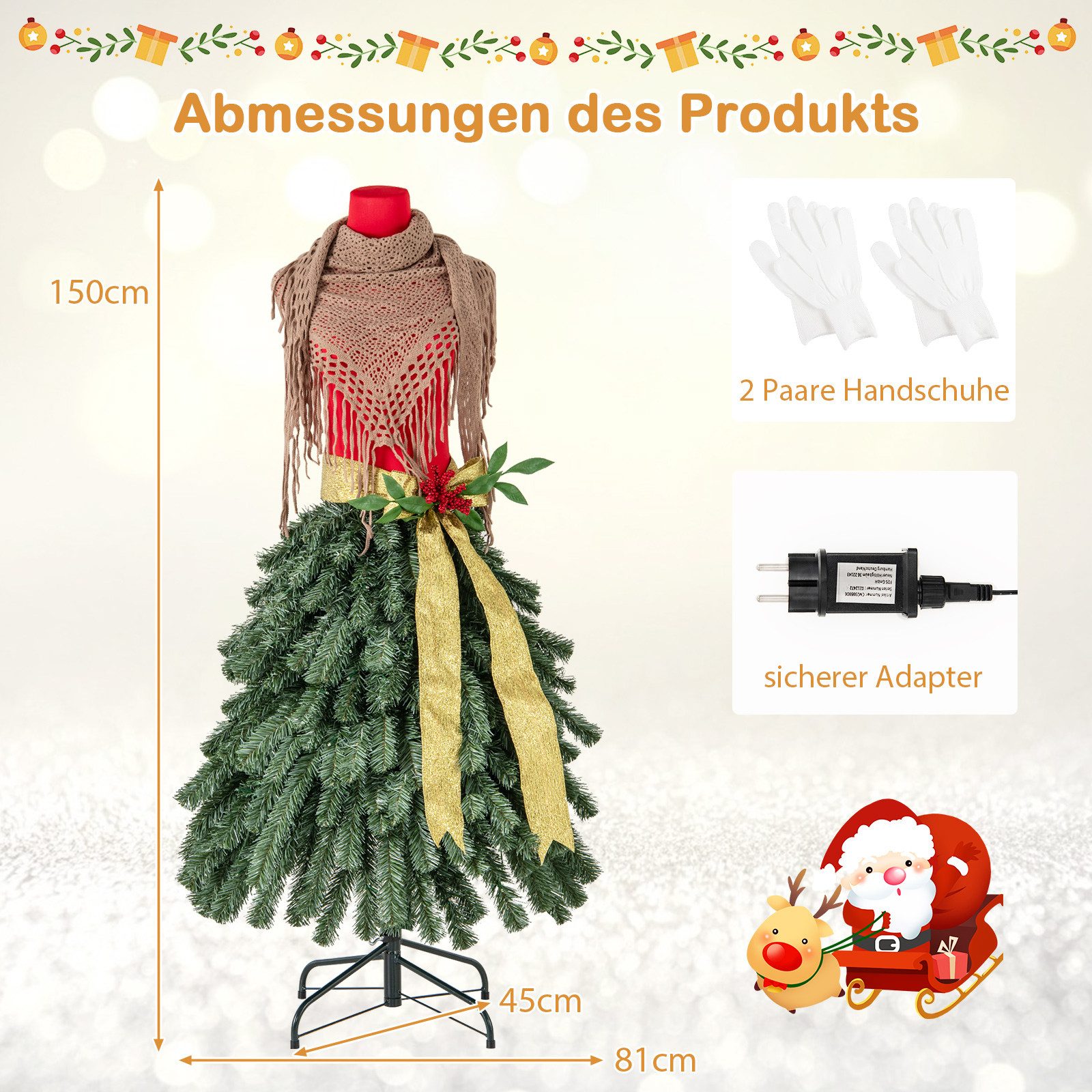 COSTWAY Künstlicher Weihnachtsbaum, 150cm, 100 LEDs, in Schneiderpuppen-Optik