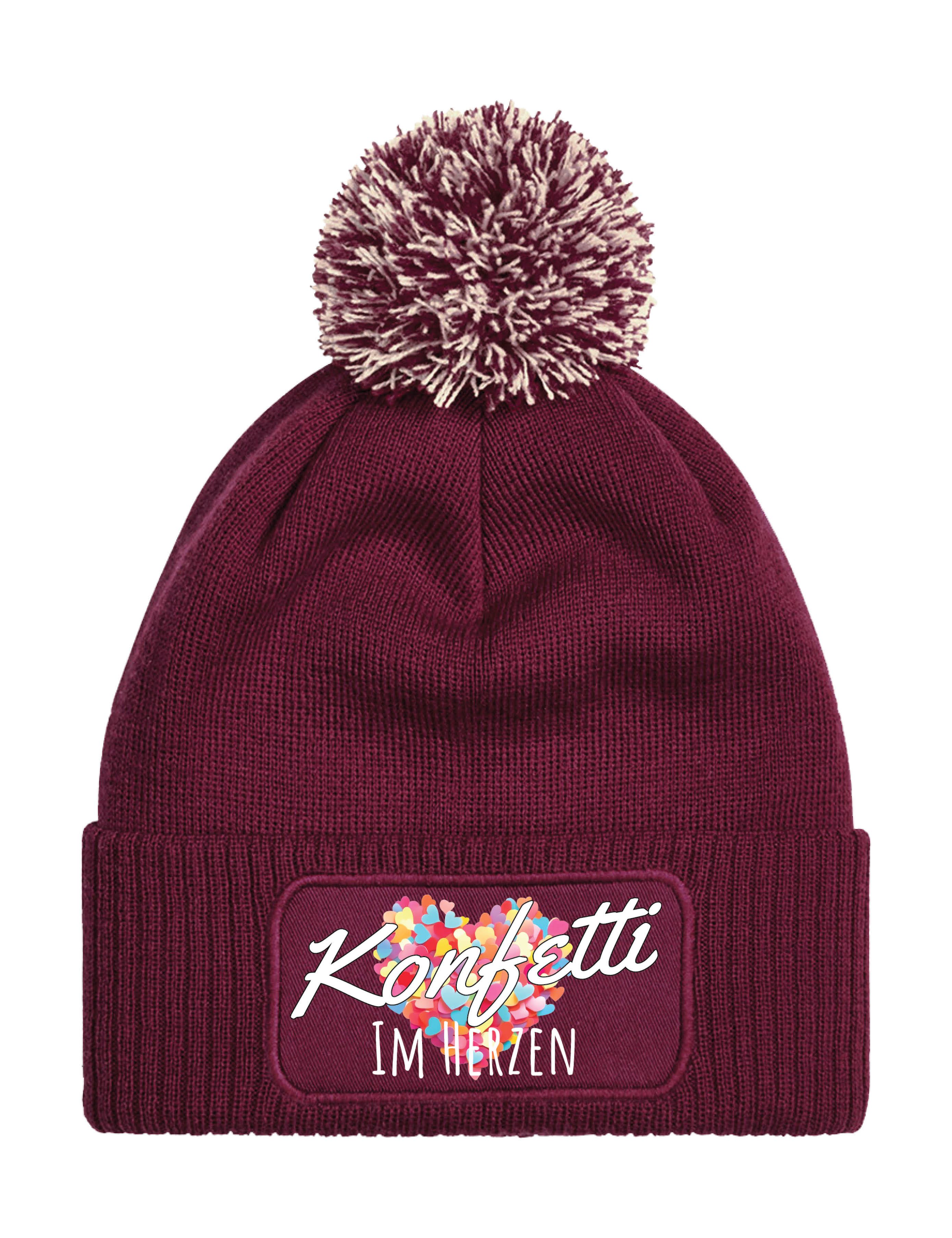 Bommelmütze Unisex Strick Bommel Beanie Mütze Konfetti im Herz Aufdruck Geschenk