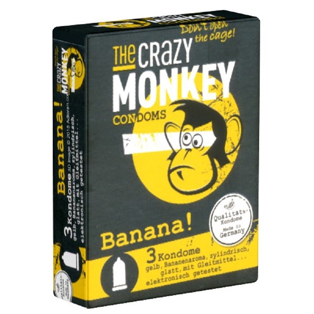 Crazy Monkey Kondome Banana! Packung mit, 3 St., freche gelbe Kondome mit Bananenaroma