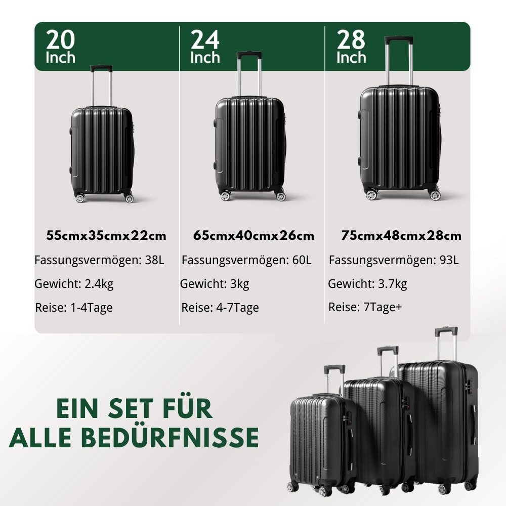 LALAHO Trolley Kofferset Hartschale Reisekoffer, 360° Rollen, 4 Rollen, 3er Set Handgepäck, moderner Koffer, Teleskopstange, Schwarz – Bild 4 von 5