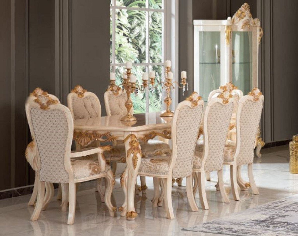 Casa Padrino Esszimmer-Set Luxus Barock Esszimmer Set Weiß / Gold - 1 Esstisch & 8 Esszimmerstühle - Prunkvolle Esszimmer Möbel im Barockstil