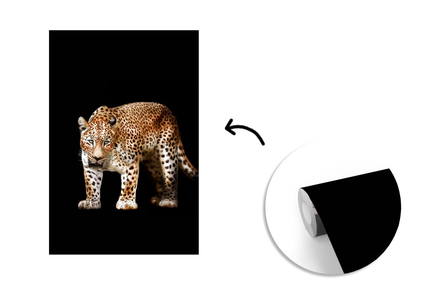 (3 Matt, Fototapete Leopard - Wohnzimmer, MuchoWow für Schwarz - Tiere, St), Montagefertig Wandtapete bedruckt, Tapete Vinyl