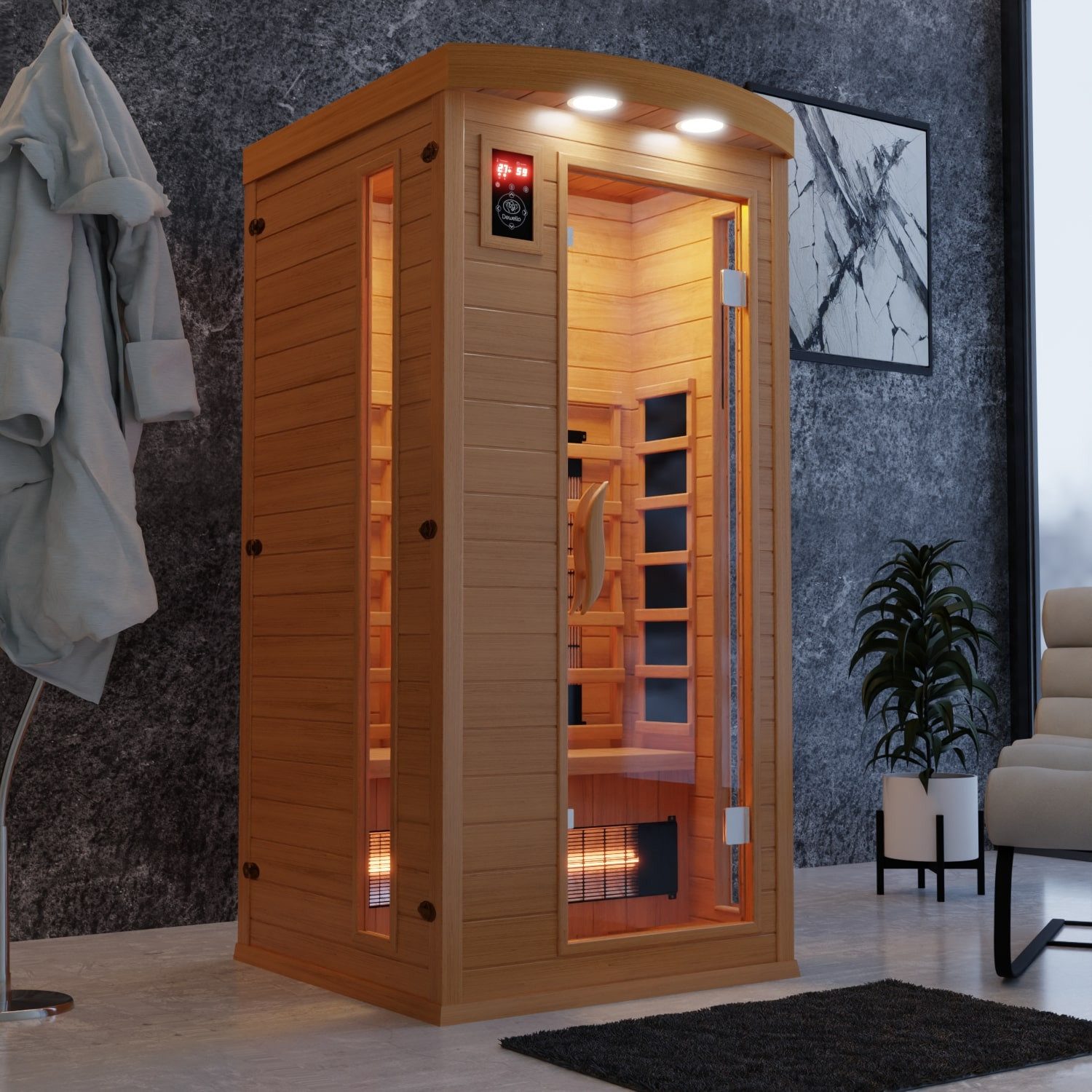 Dewello Infrarotkabine PIERSON 90 Wärmekabine, bis zu 1 Personen, 3 Vollspektrumstrahler, BxTxH: 90 x 90 x 190 cm, (Farblichttherapie, Ionisator mit Ozondesinfektion und Aromatherapie, Multimedia und zusätzlich USB-Anschluss & Bluetooth möglich) Sauna aus Hemlock-Tannenholz, leichter Aufbau dank Stecksystem