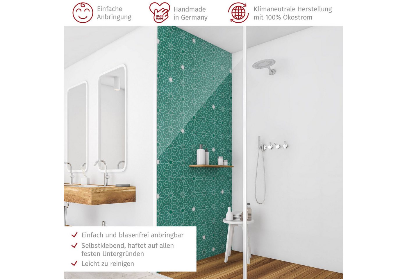 Thumbnail - Bilderdepot24 Badrückwand Muster grün Duschrückwand ohne Bohren Dusche Orientalisch, (1-tlg., Hart-Folie Premium matt 0,...
