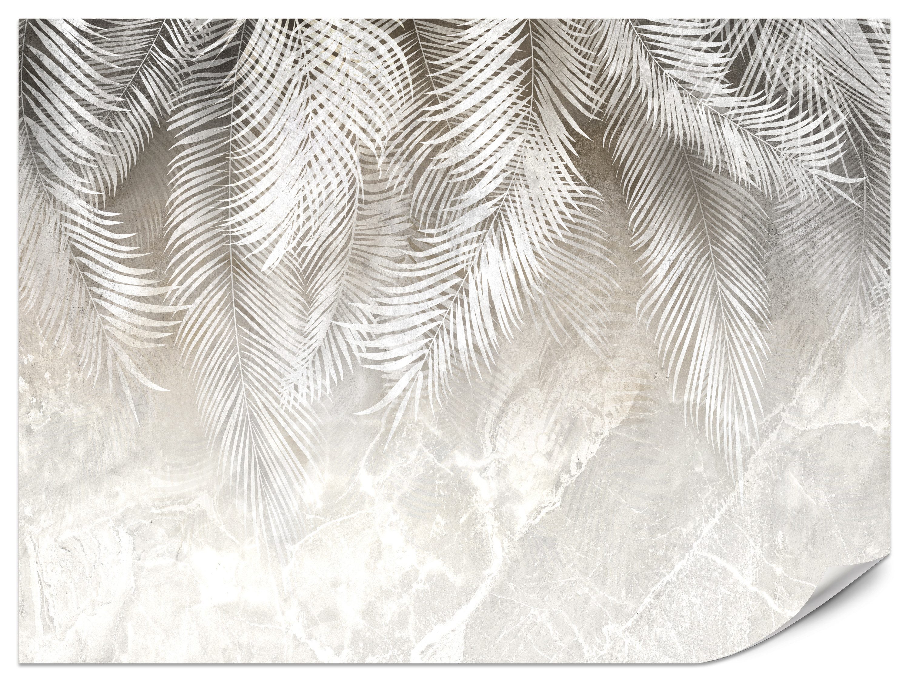 Muralo Fototapete Vliestapete - Weiße Palmenblätter auf heller Betonoptik, Glatt, Grafisch, (Packung, 1 St., 100x70 cm), Kleber im Set, 3D-Optik, Wohnzimmer-Dekoration