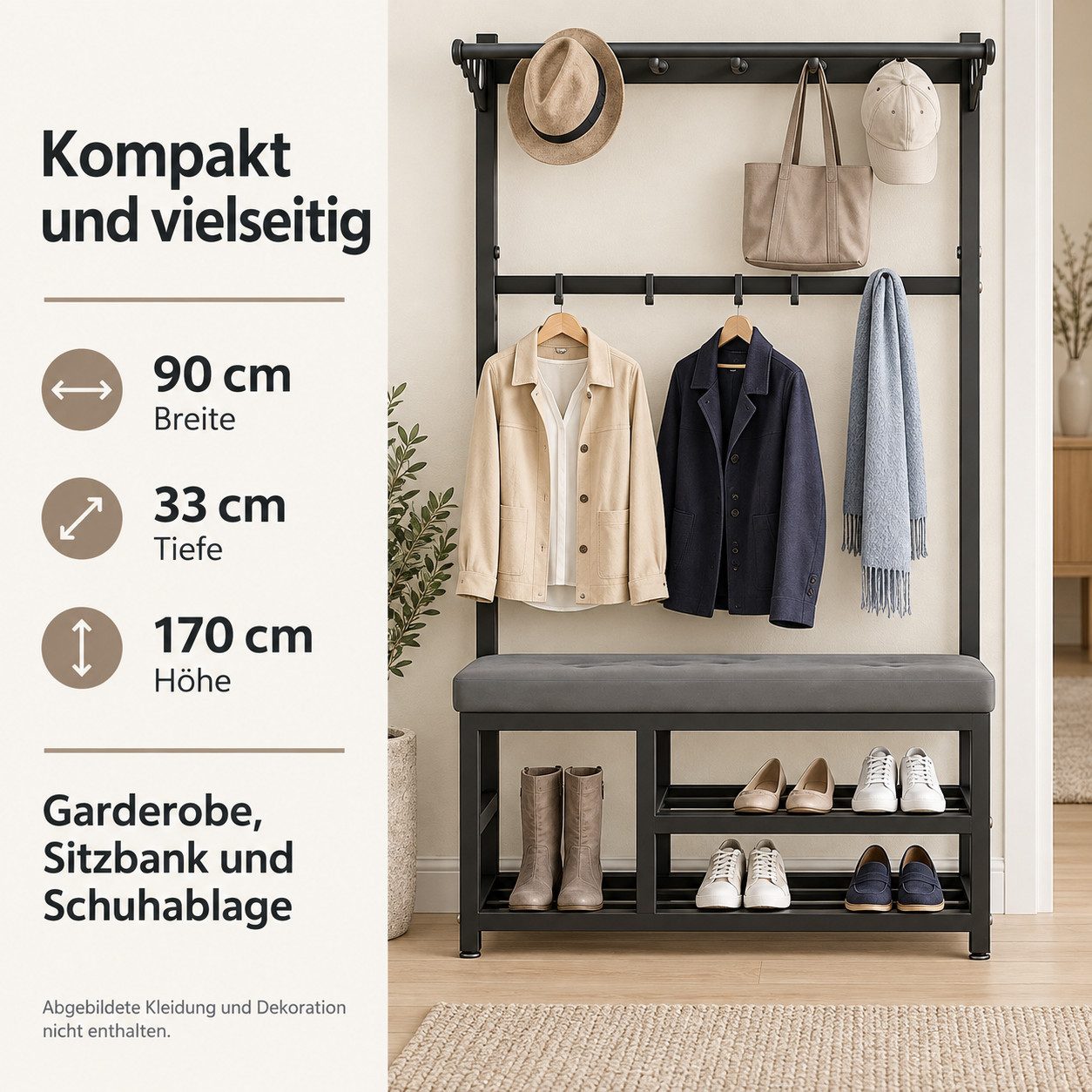 Fyrove Garderobenständer Garderobe Flur mit Schuhregal, Sitzbank und 9 Haken für Kleidung, (Schuhregal,Garderobe), flurgarderobe, garderobe flur – Bild 2 von 5