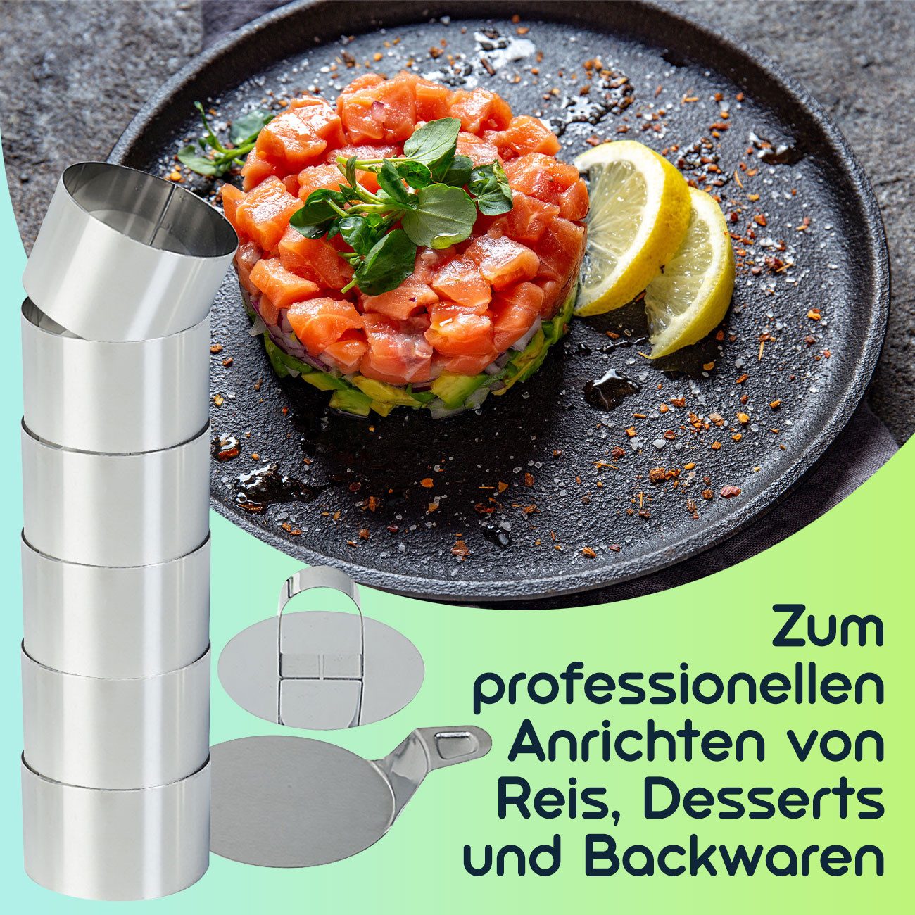 Casativo Speisering Dessertringe Speiseringe 6er Set Edelstahl Anrichtringe mit Stampfer, (6 tlg., 6er-Set), Je Ring Ø 8 x 5 cm/rostfrei/mit Heber & Stampfer – Bild 5 von 5