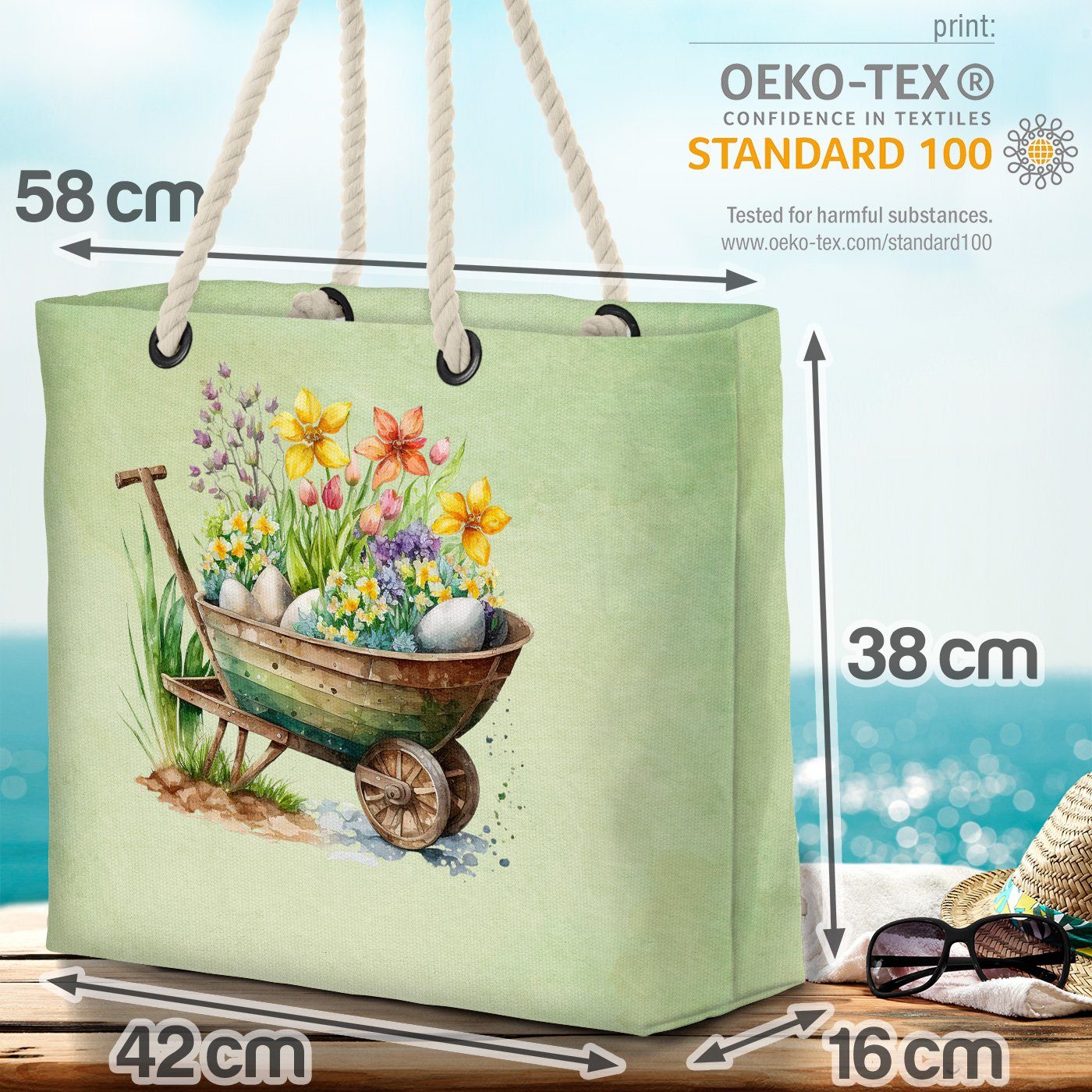 Strandtasche Schubkarre Beach (1-tlg), Tasche Einkaufstasche Blumen Ostern Frühling Bag VOID