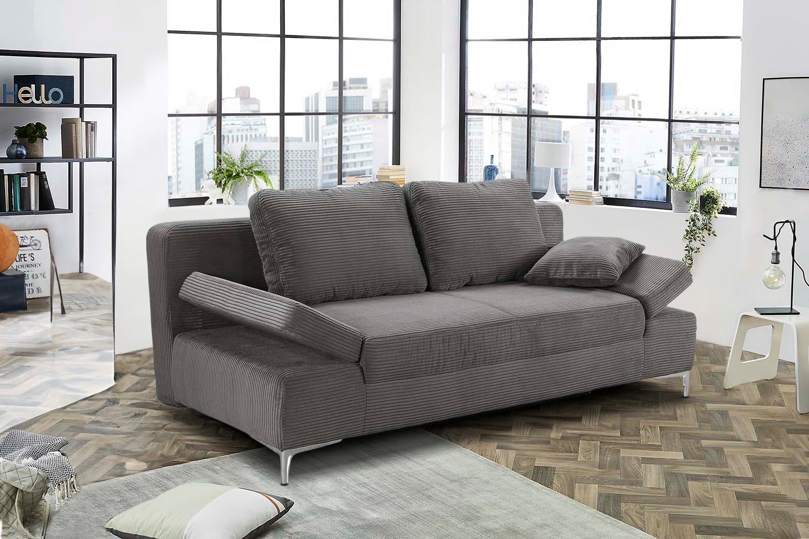luma-home Schlafsofa 15204, mit Bettfunktion B202/T103/H89 cm, Liegefläche 144x198 cm, Federkern Bettkasten Armlehnen verstellbar Cord Dunkelgrau